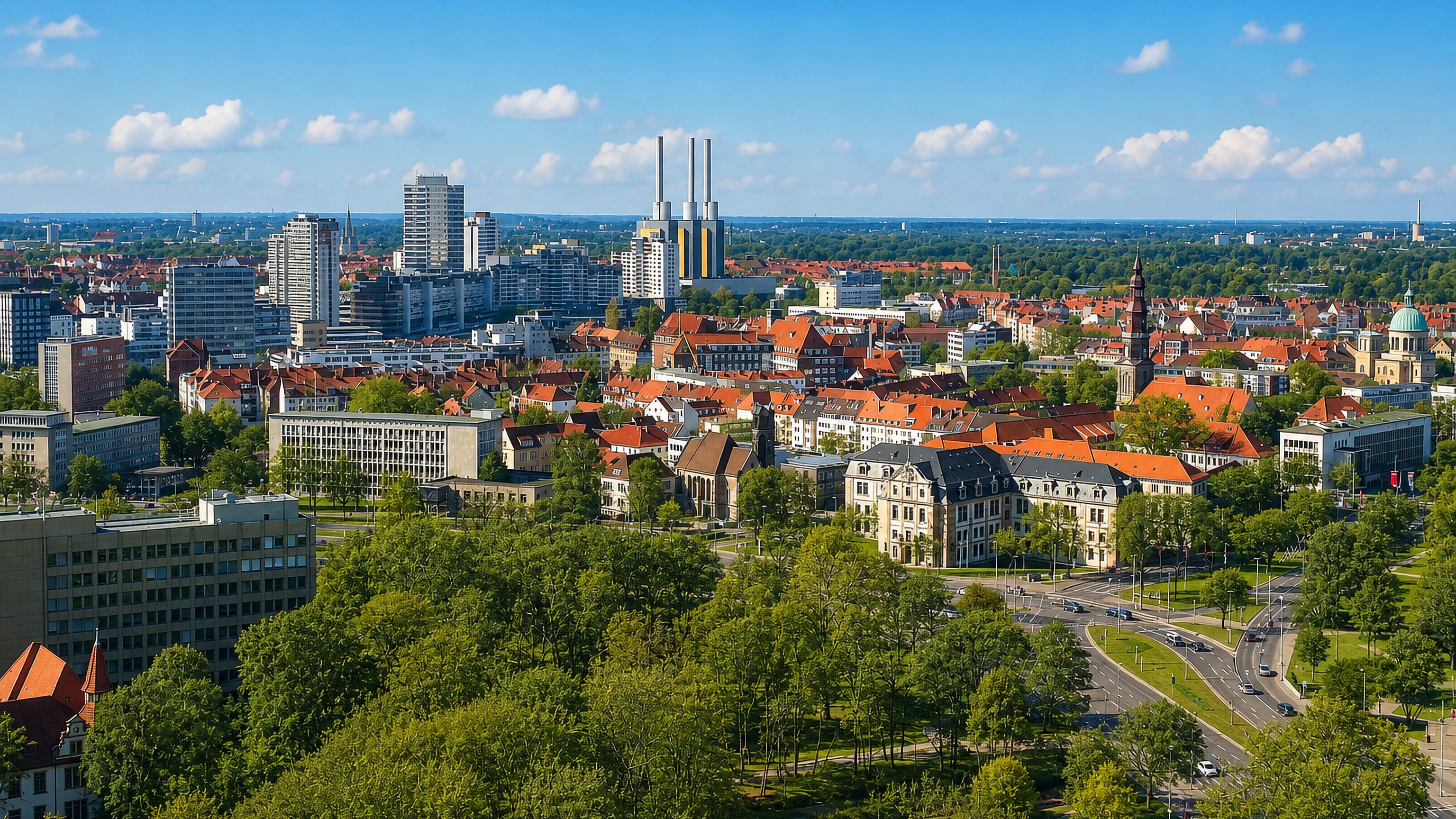 Hannover skyline over Calenberger Neustadt, with the Linden power station chimneys and red-roofed streets.