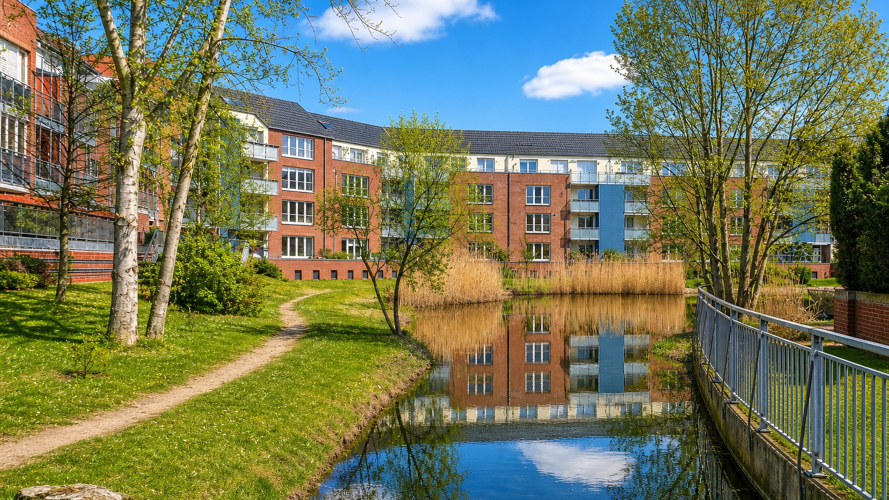 Modern brick apartment blocks reflected in a pond in Döhren, a southern district of Hannover, Germany.