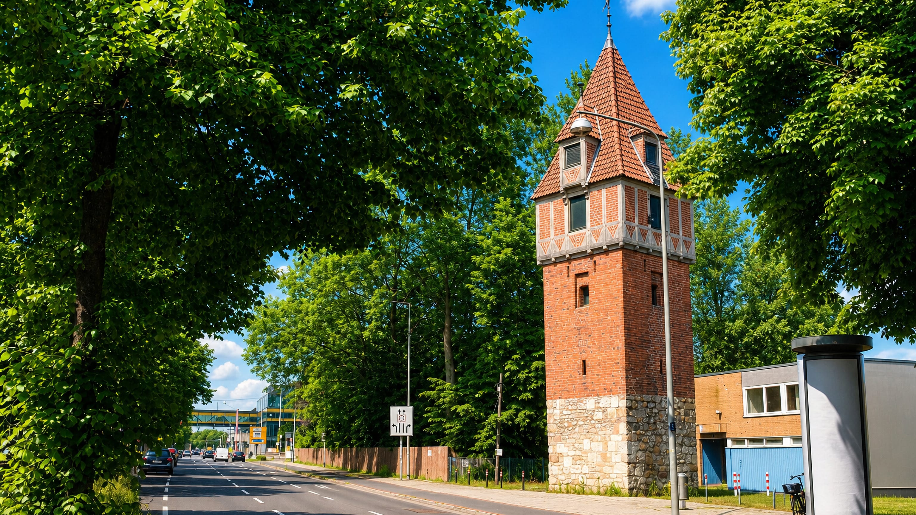 Brick tower with a tiled spire beside a tree-lined road in Kleefeld, Hannover.