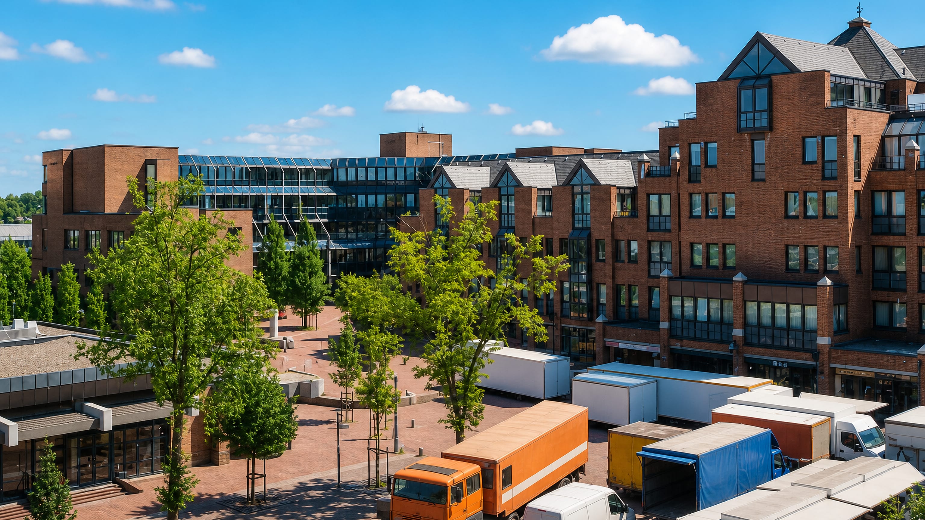 Red-brick town centre of Langenhagen, Germany, with a paved market square, leafy trees and market trucks.