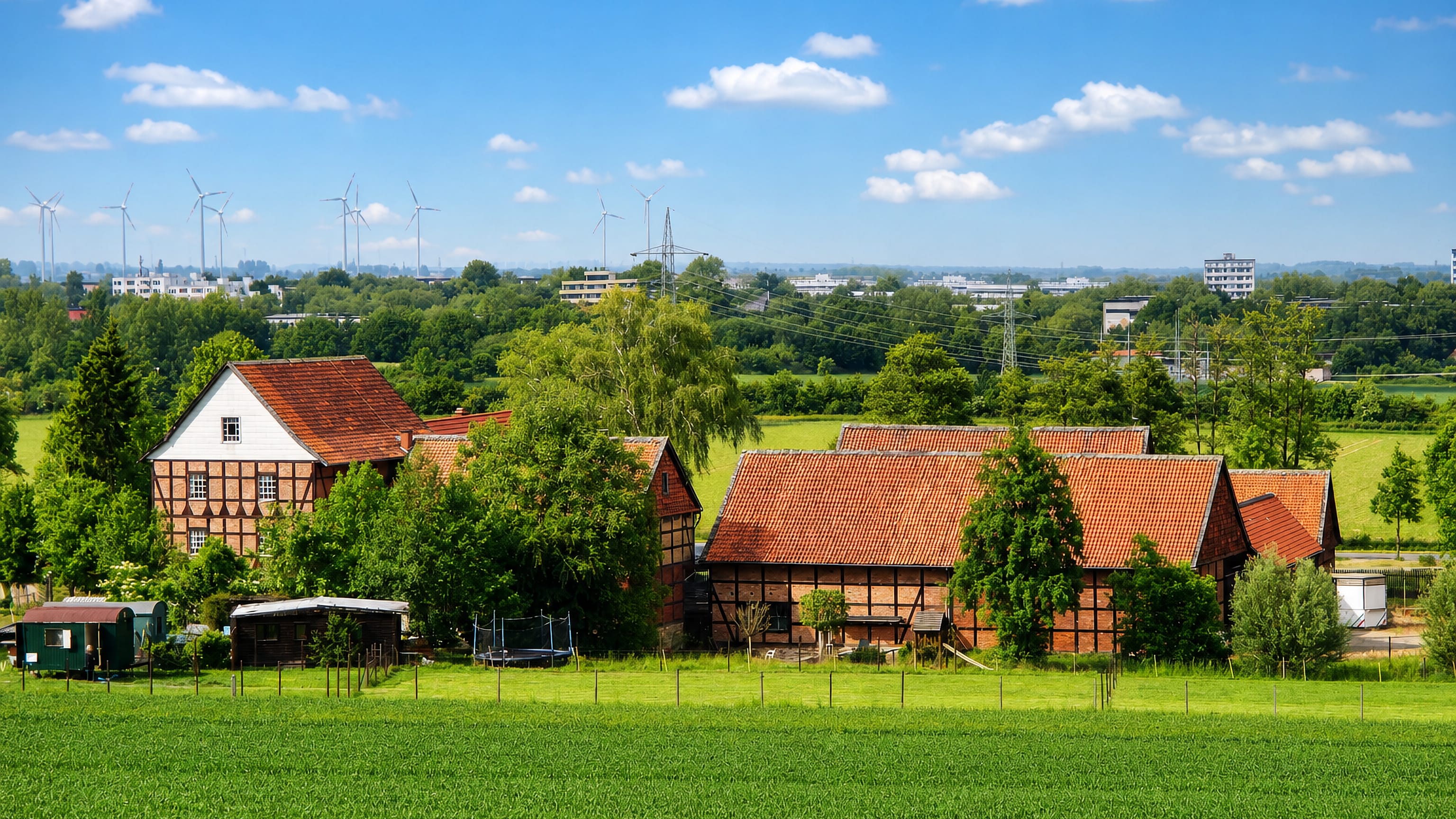 Half-timbered farmsteads amid green fields in Bruchmachtersen, with wind turbines on the Salzgitter horizon.