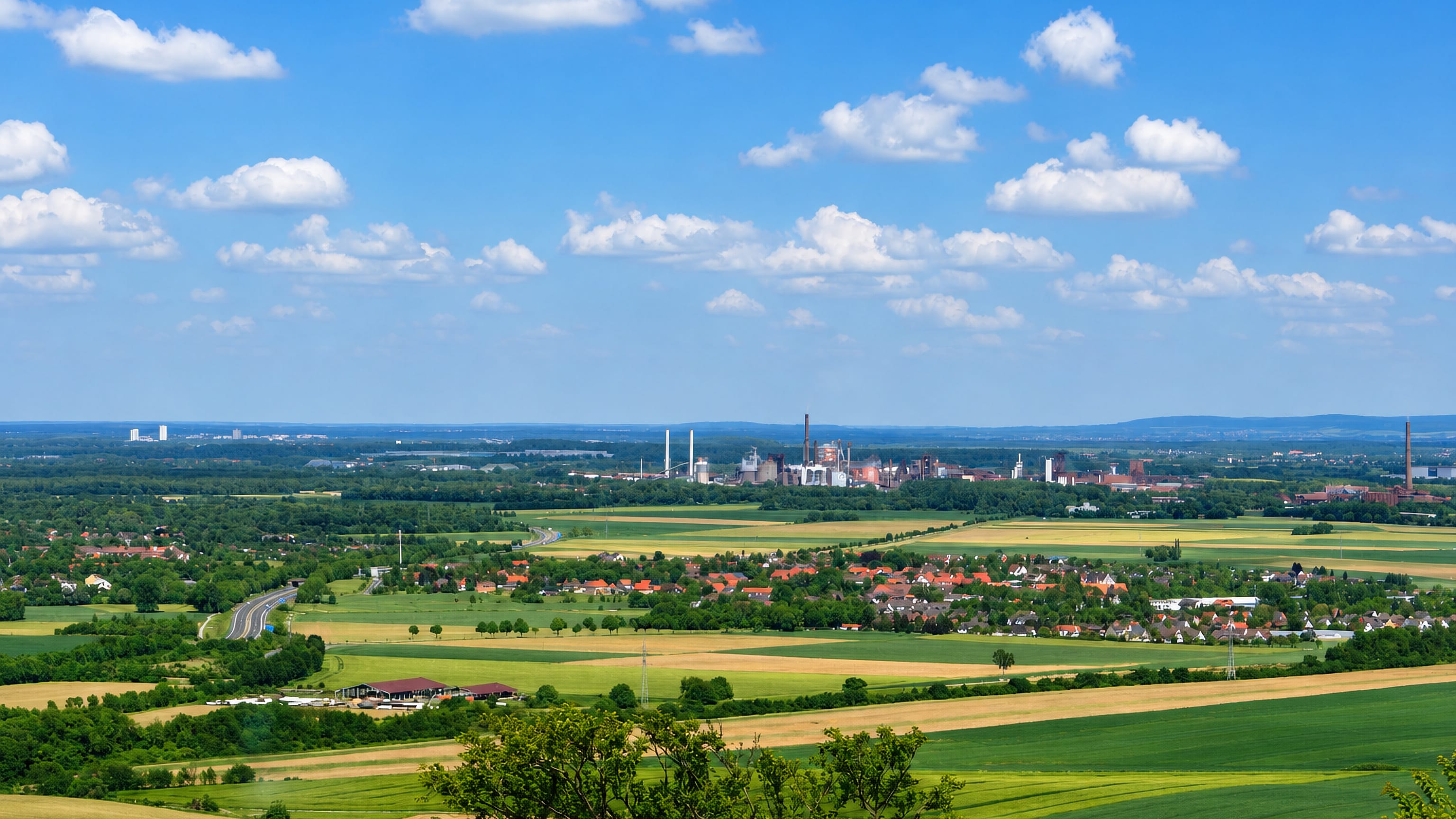 Salzgitter's steelworks rising beyond farmland and red-roofed village houses under a bright summer sky.
