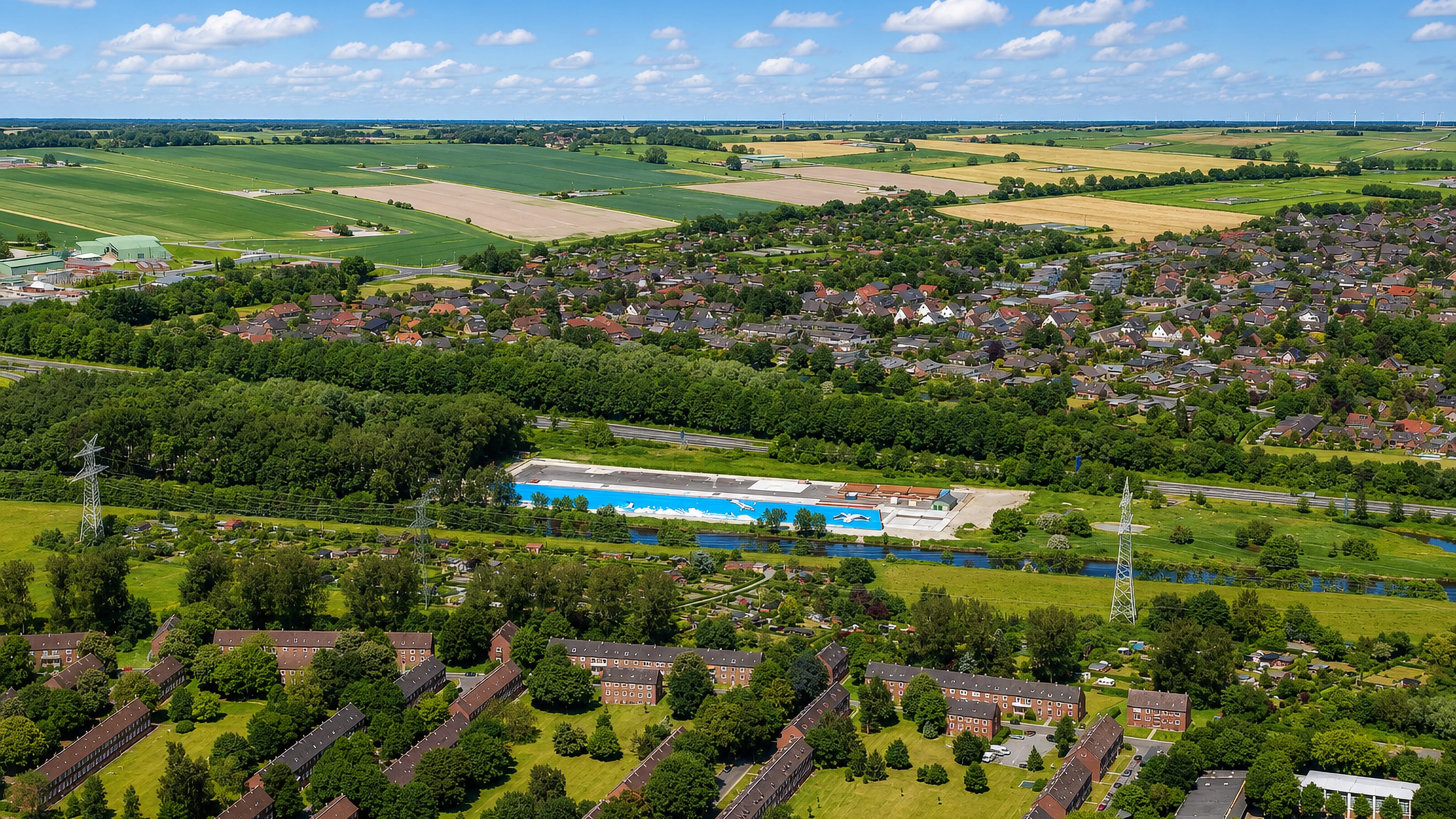 Aerial view of Altengroden in Wilhelmshaven with brick housing rows, allotments, a canal and an open-air pool amid fields.