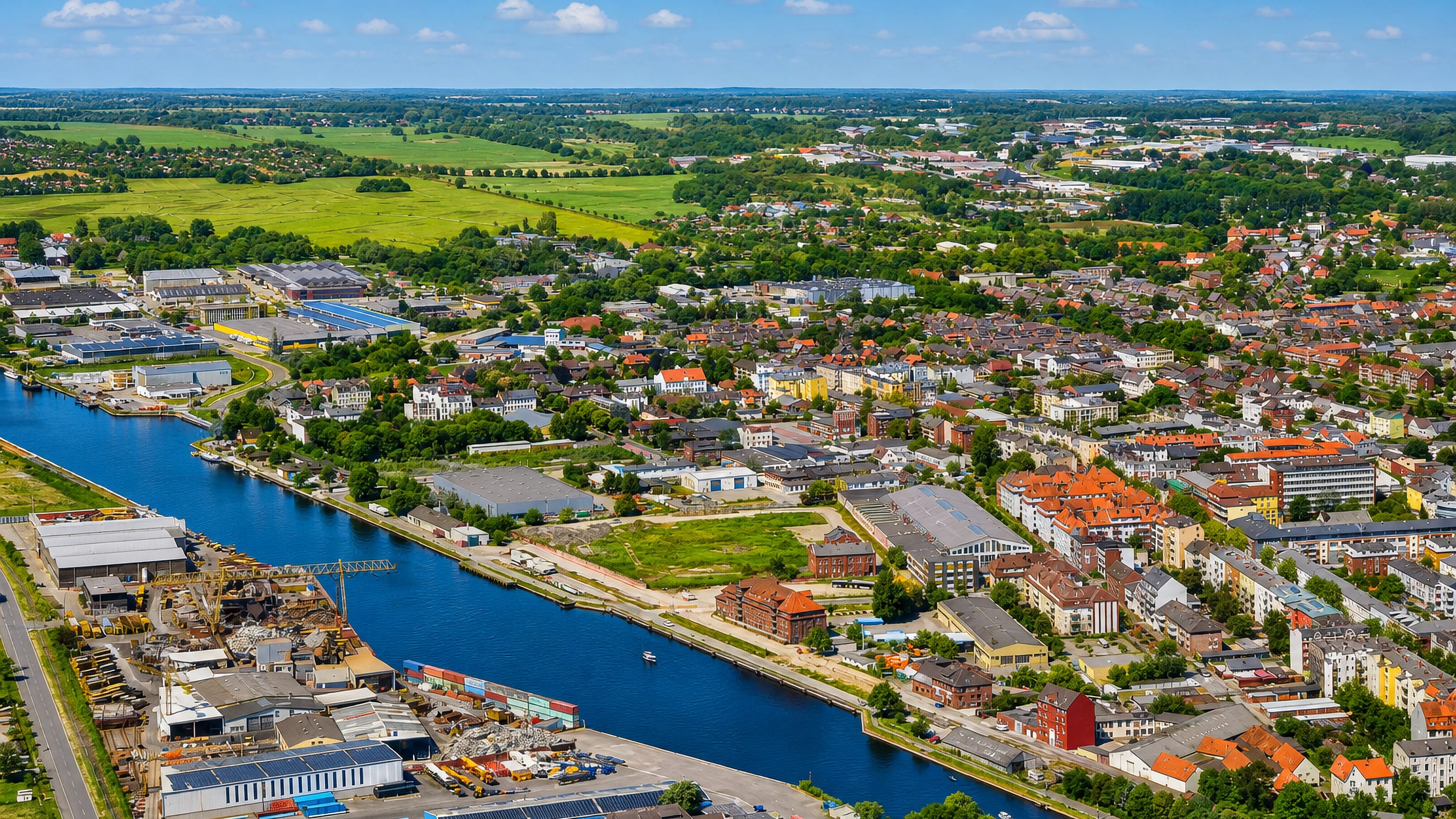 Bant in Wilhelmshaven, red-roofed streets along the harbour channel with shipyard cranes opposite.