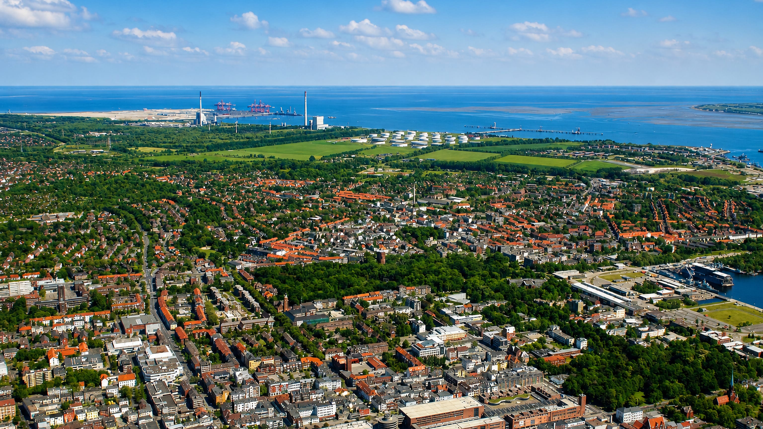 Aerial view of Wilhelmshaven, Germany, its red-roofed streets reaching the Jade Bight harbour and North Sea.