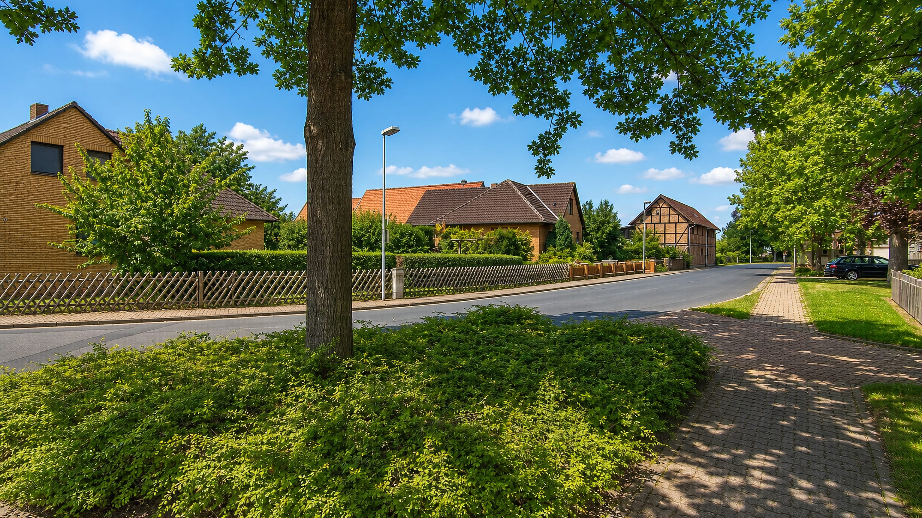 Village street with brick and half-timbered houses in Groß Stöckheim, Wolfenbüttel.