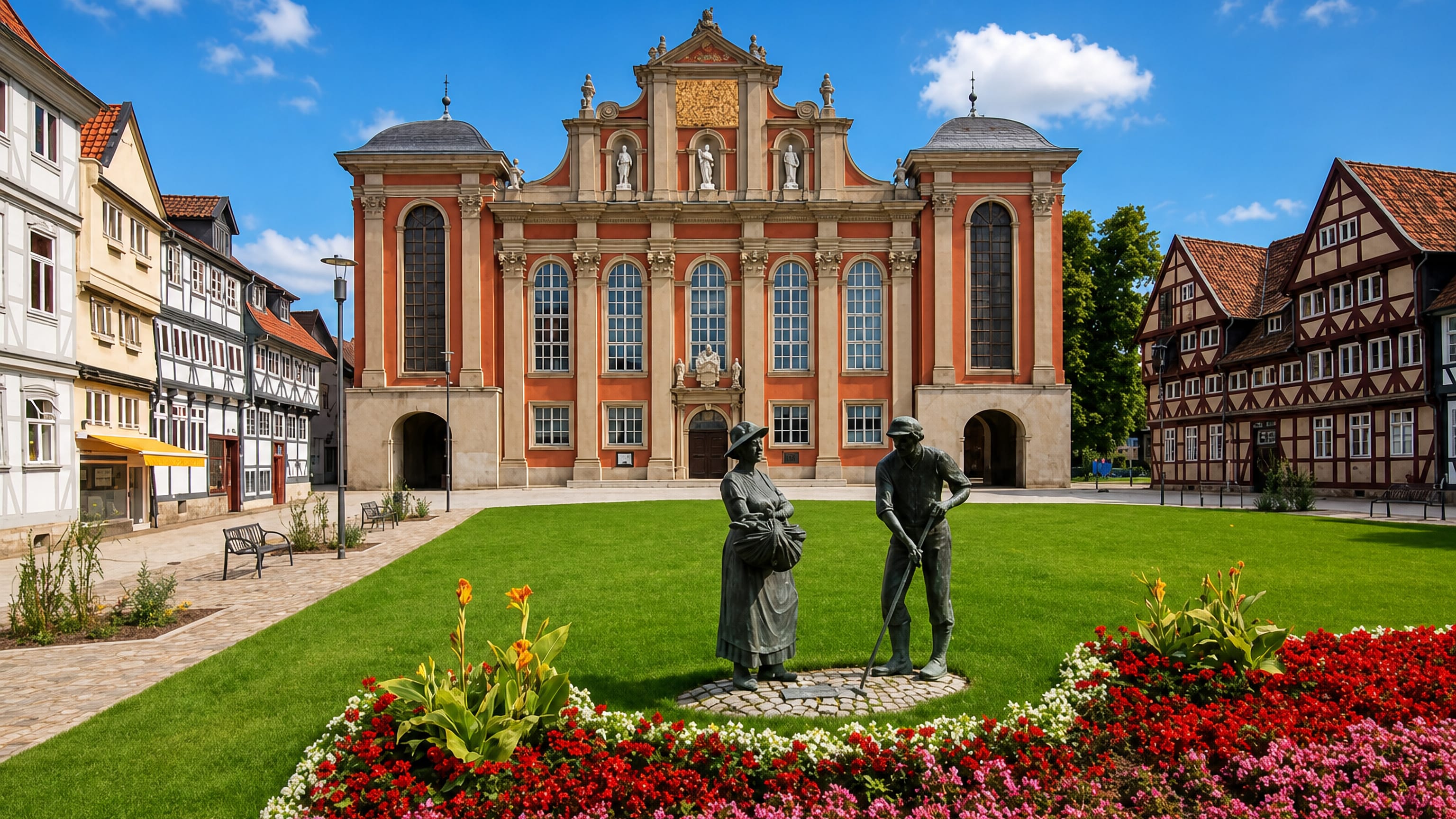 Baroque Trinitatiskirche on the Holzmarkt in Wolfenbüttel, framed by half-timbered houses and flower beds.