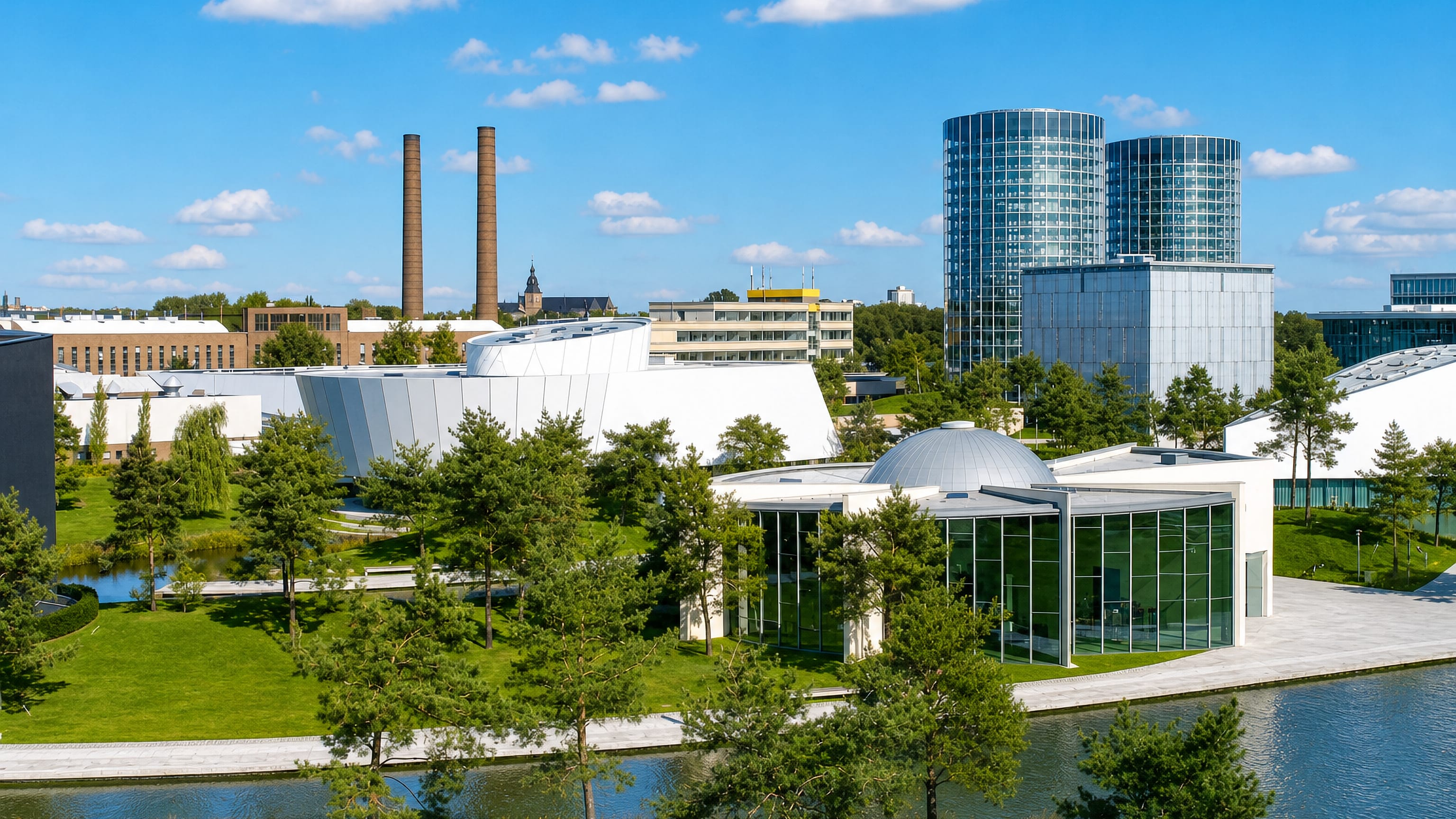 Wolfsburg's Autostadt in Germany, twin glass car towers and pavilions beside the Mittellandkanal