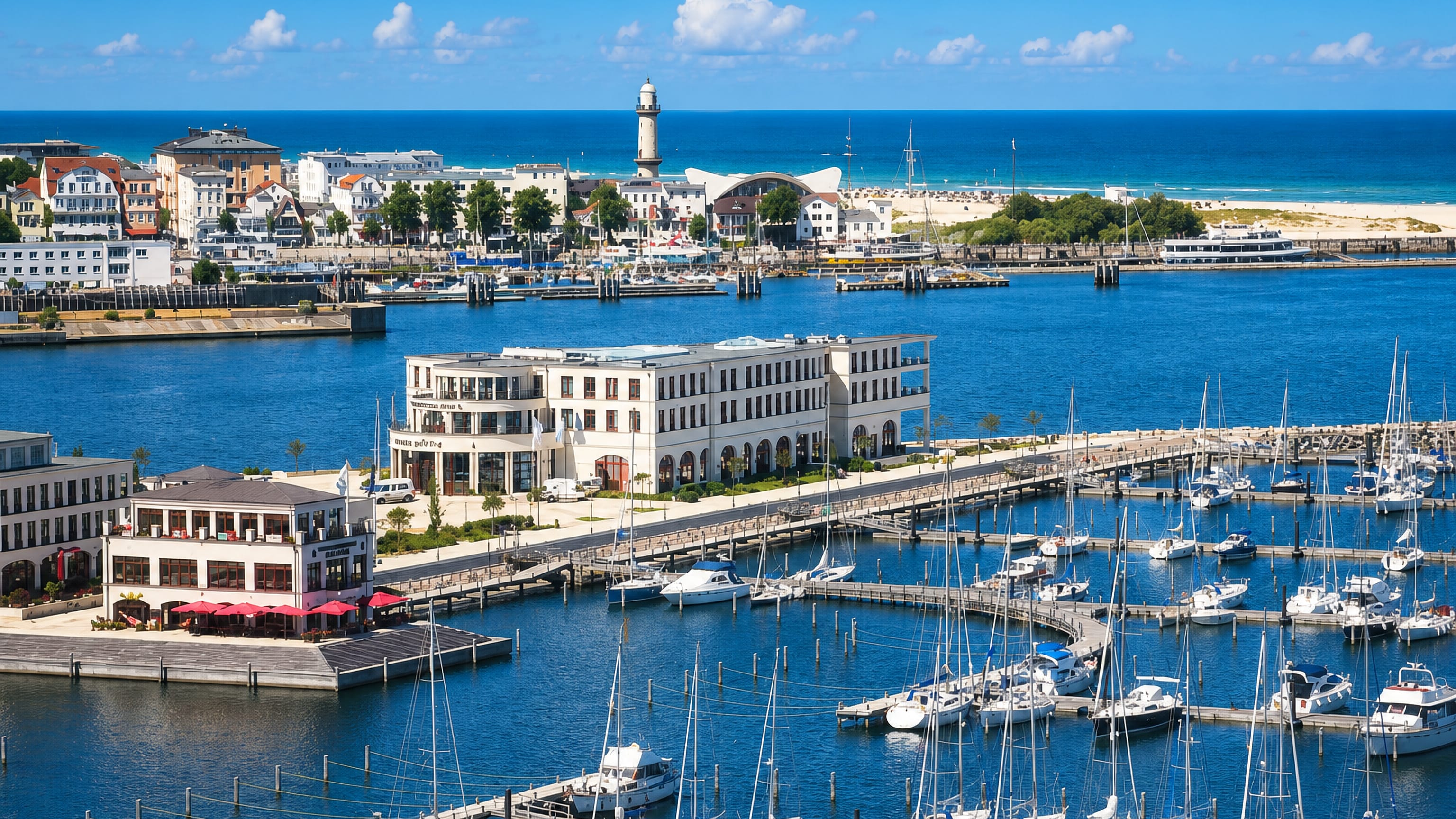 Warnemünde in Rostock: the white lighthouse and Teepott above the marina, Alter Strom channel and Baltic beach.