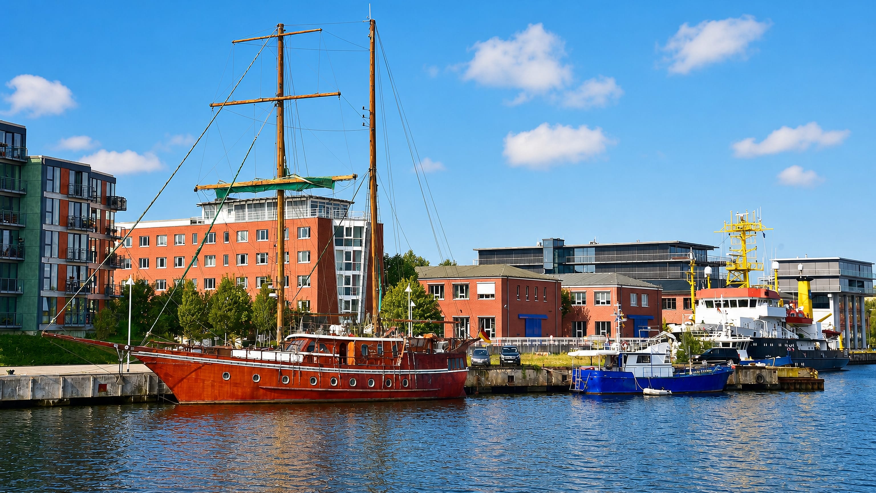 Tall-masted sailing ship moored at a Rostock quay backed by brick apartment and office buildings.