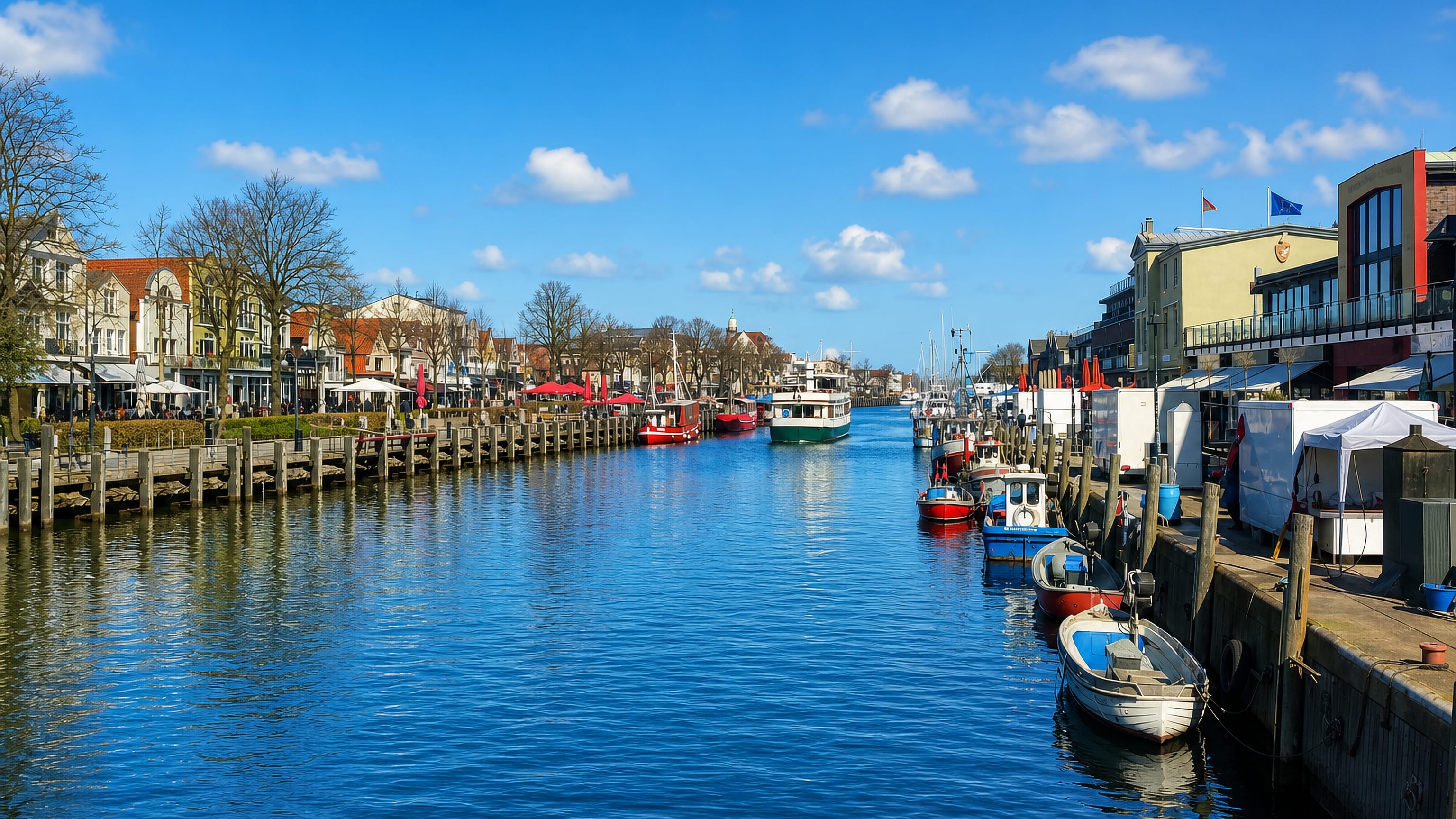 Fishing boats moored along the Alter Strom canal lined with cafes and gabled houses in Warnemunde.
