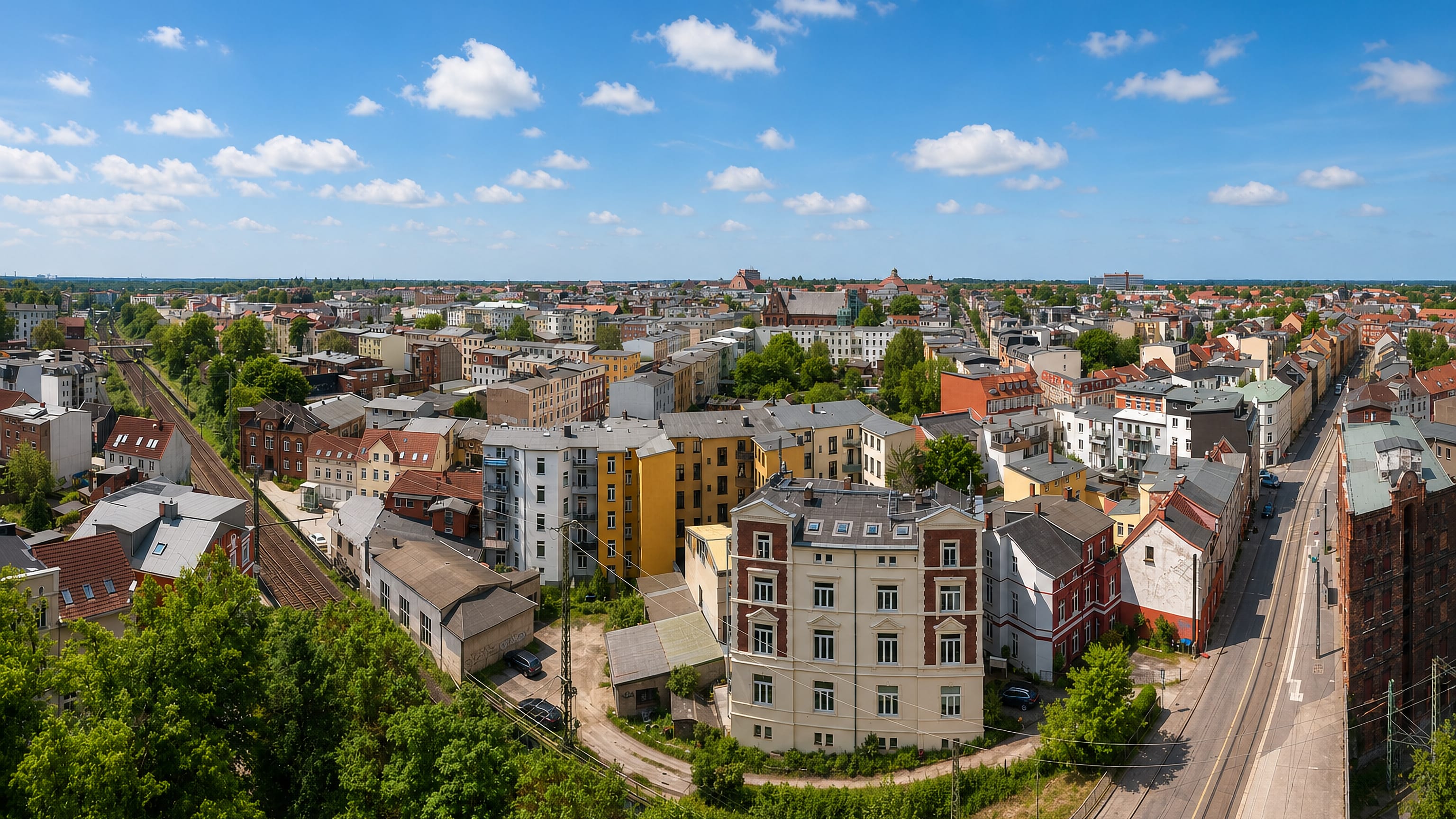 Gründerzeit apartment blocks and the railway line seen from above in Paulsstadt, Schwerin.