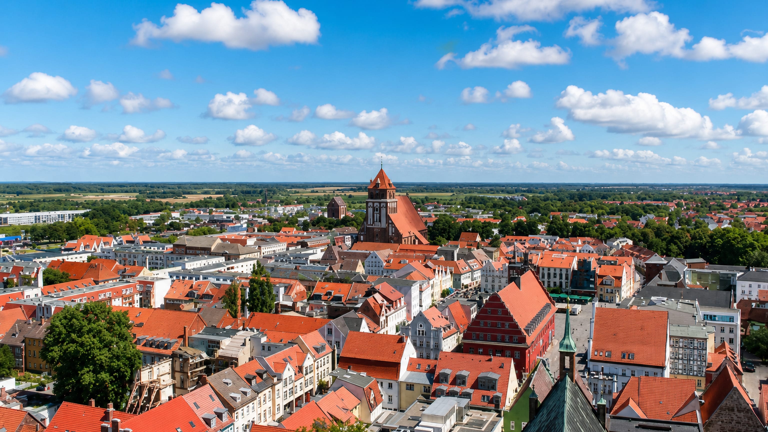 Red-tiled rooftops of Greifswald's old town with its brick Gothic church tower and the Baltic plain beyond
