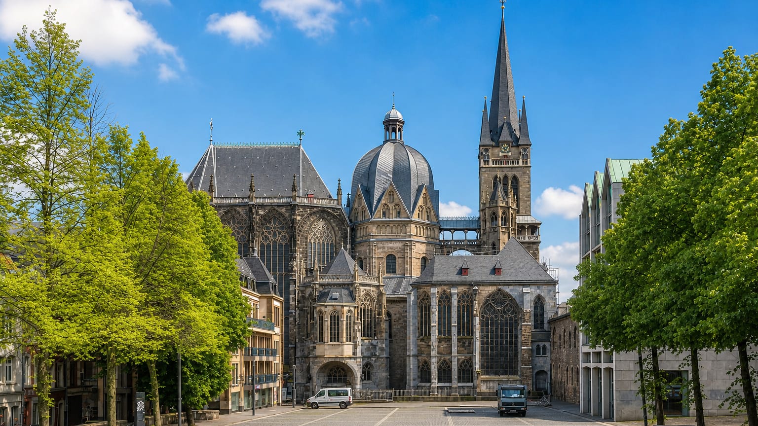 Aachen Cathedral with its octagonal dome and Gothic spire seen from the plaza in Aachen-Mitte, Germany.