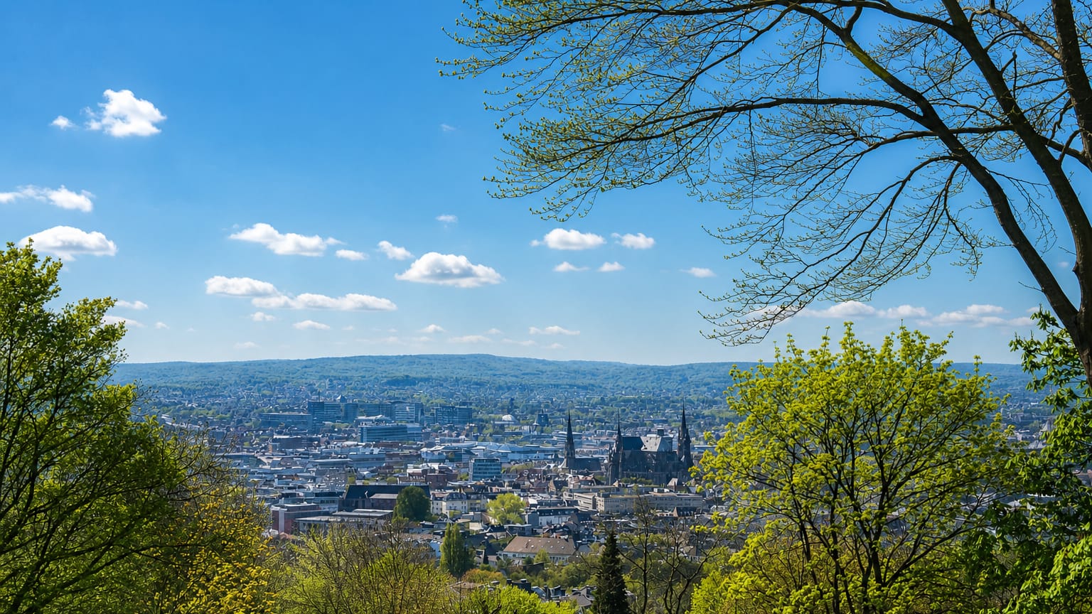 Aachen viewed from a wooded hillside, with the cathedral and town-hall towers rising above the city under a blue sky.