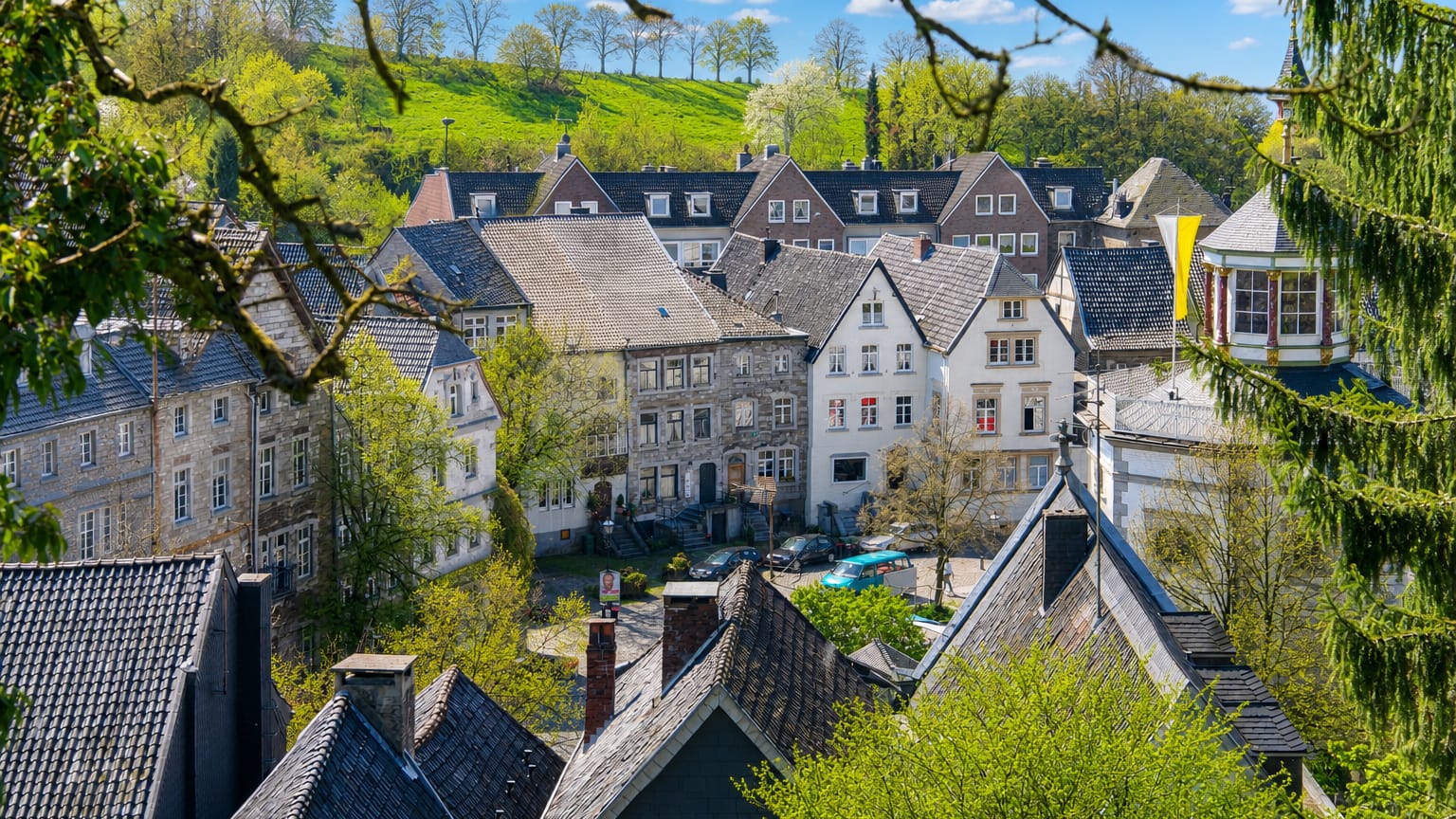 Historic slate-roofed houses of Kornelimuenster village in Aachen amid green hills