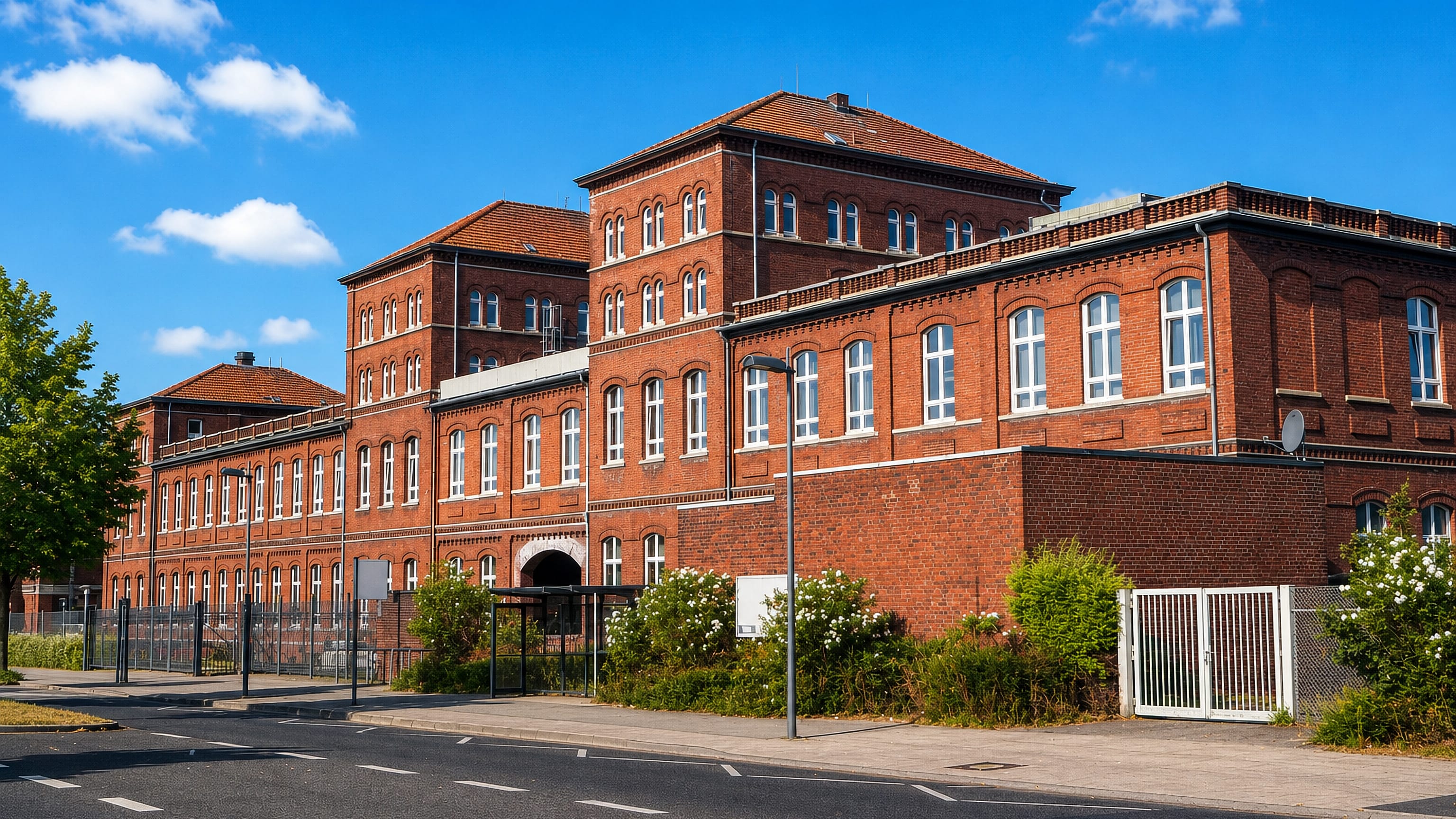 Red-brick industrial-era buildings lining a quiet street in the Rothe Erde district of Aachen.