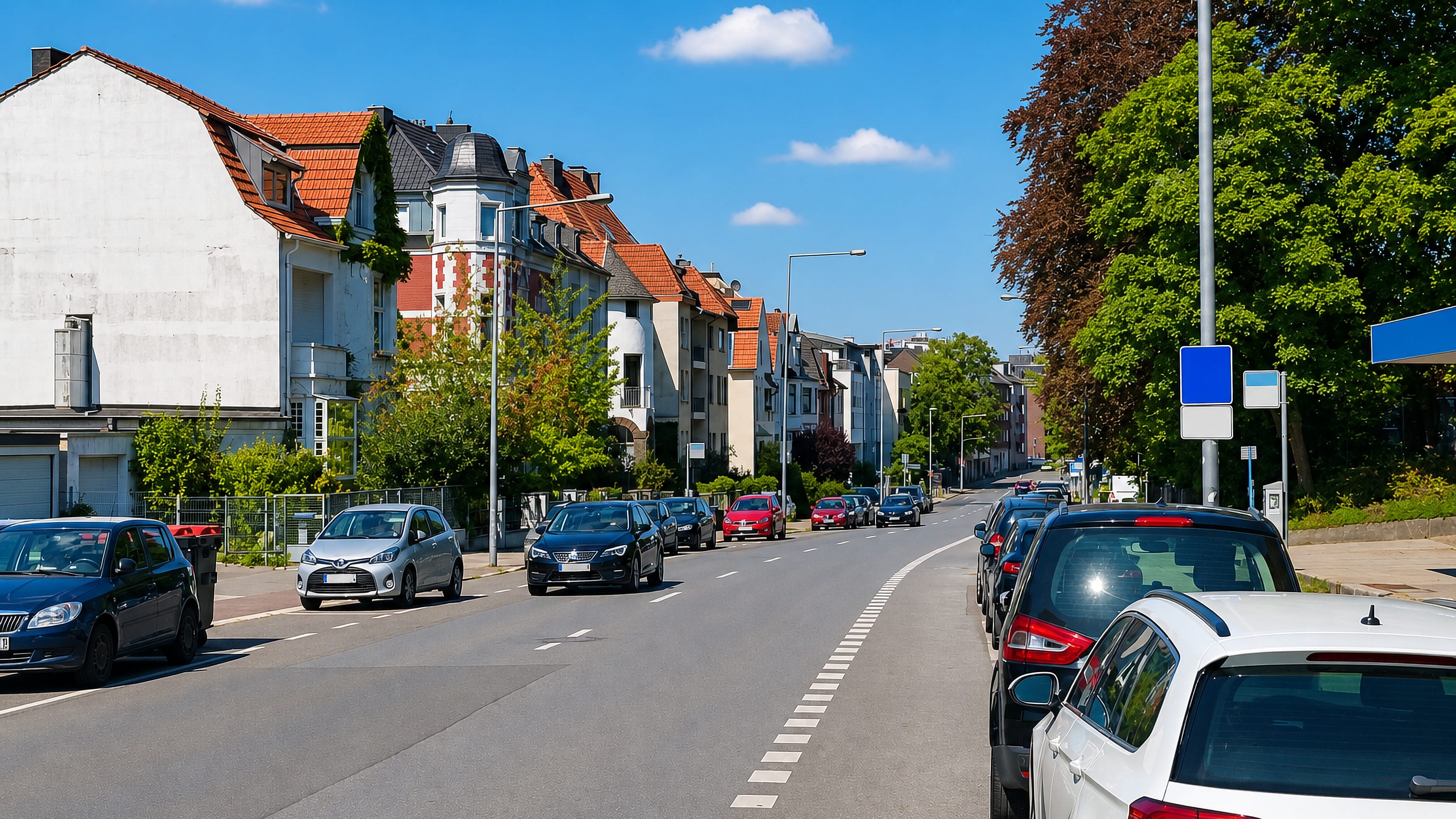 Sunlit main road through Steinebruck, Aachen, lined with parked cars and gabled houses with red-tiled roofs.