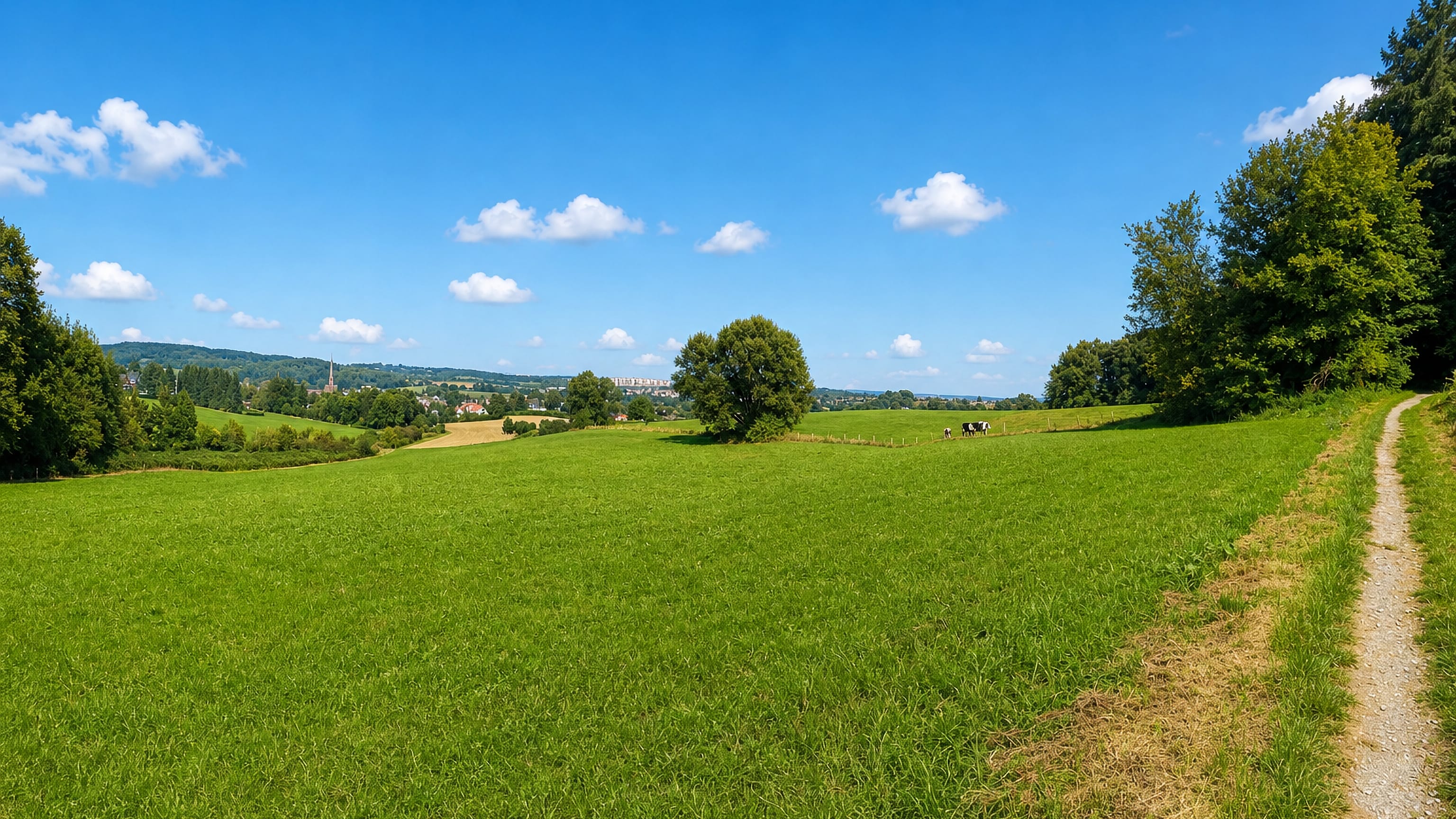 Green meadow and hedgerow path on Aachen's western edge at Vaalserquartier, with the town beyond.