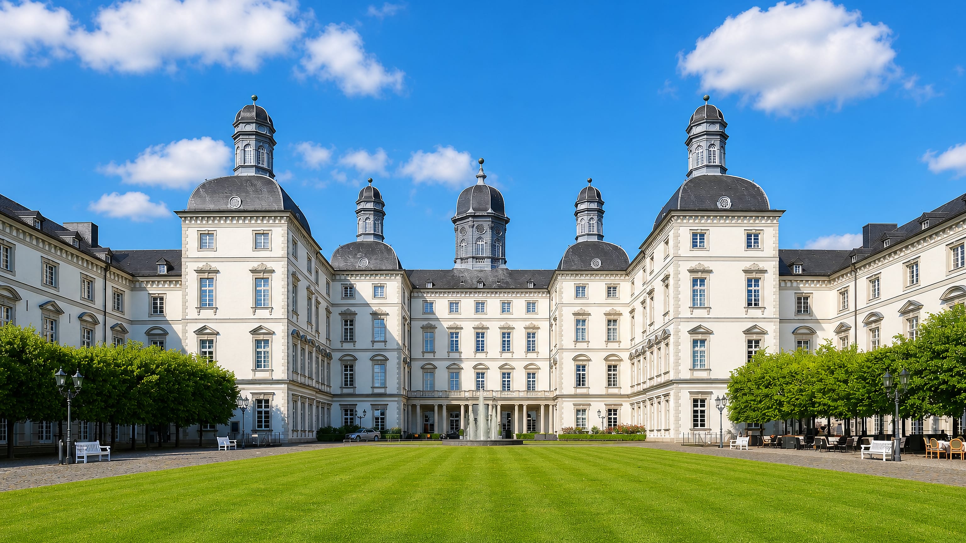 Baroque Schloss Bensberg palace with its white facade, slate domes and manicured lawn in Bergisch Gladbach.