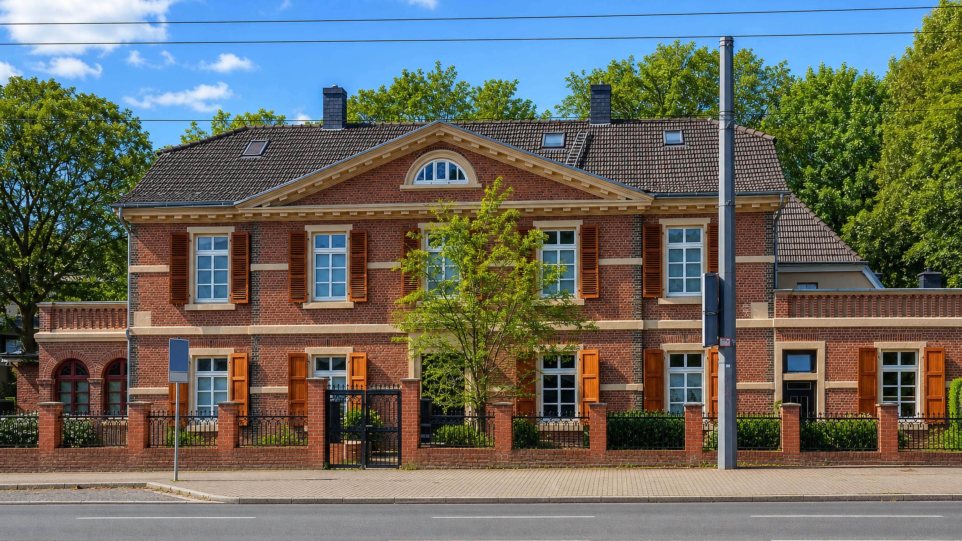 Red-brick villa with shuttered windows on a leafy main road in Altenbochum, Bochum.