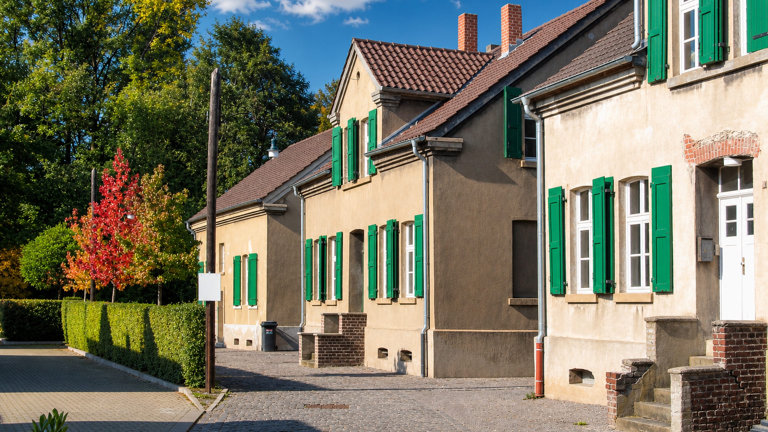 Green-shuttered miners' colony houses along a cobbled lane in Hordel, Bochum.