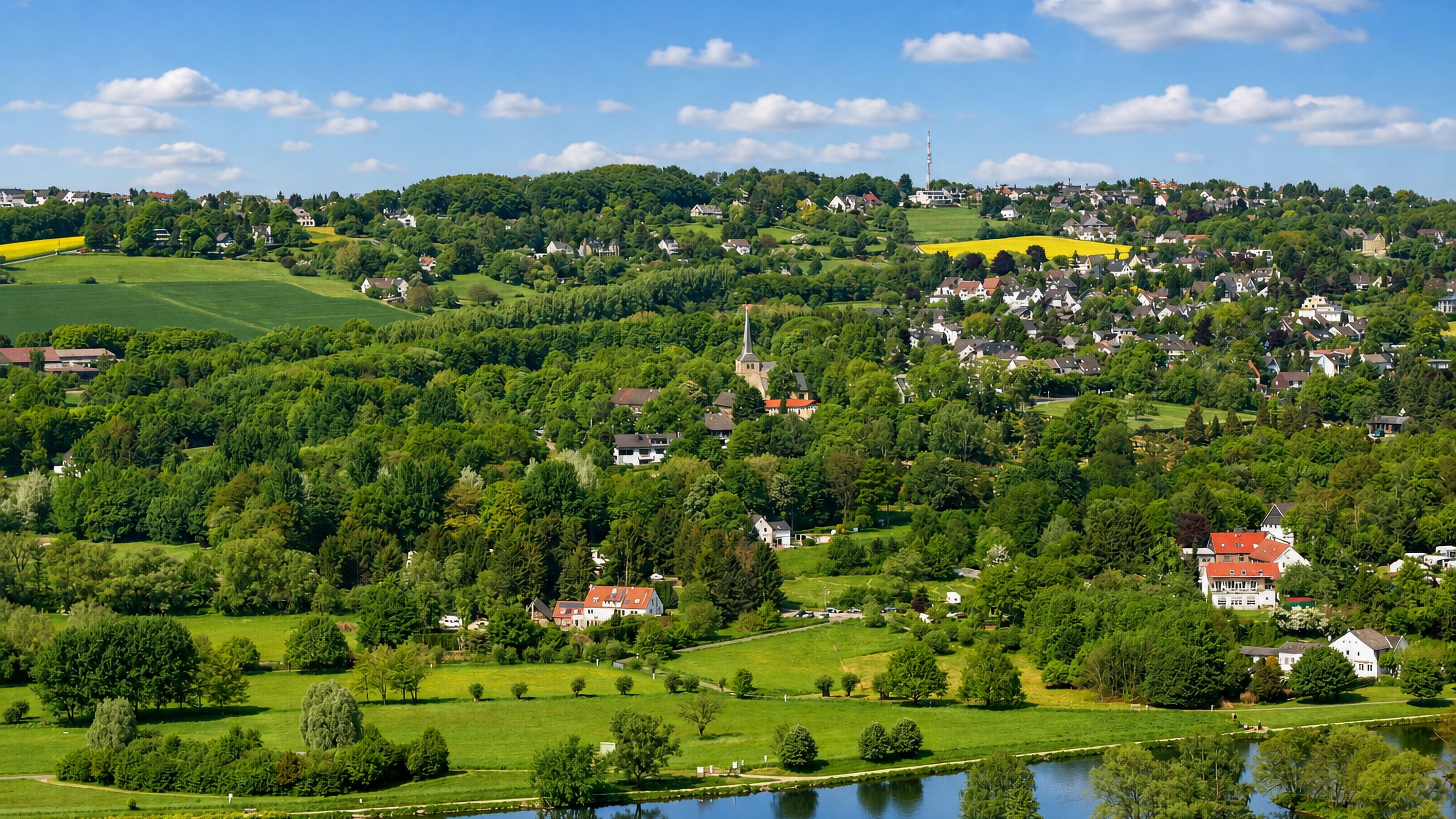 Green Ruhr valley farmland, woods and a village church tower at Stiepel above the water in Bochum.