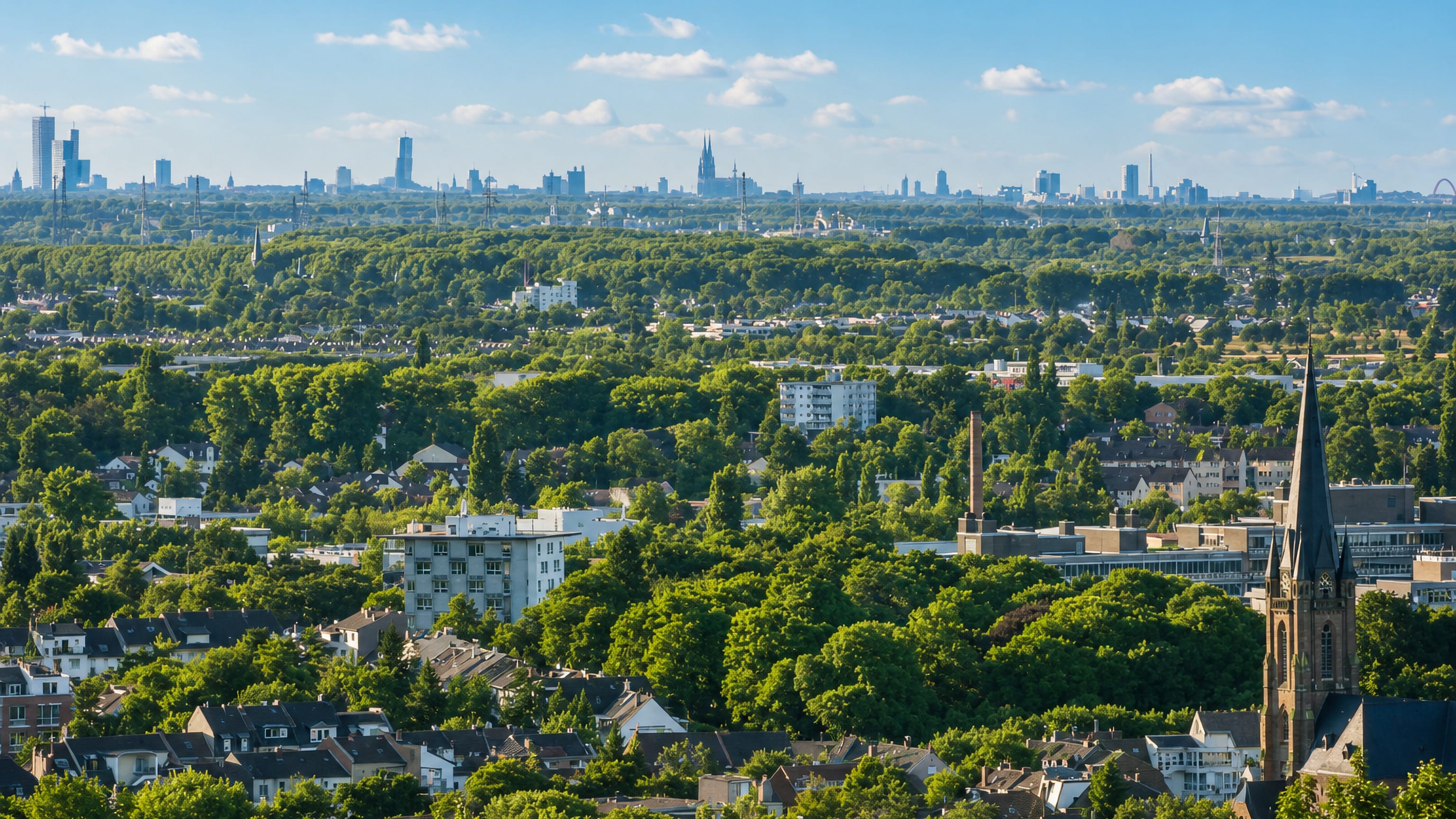 Leafy Endenich rooftops and a church spire outside Bonn, with Cologne's cathedral skyline on the horizon.