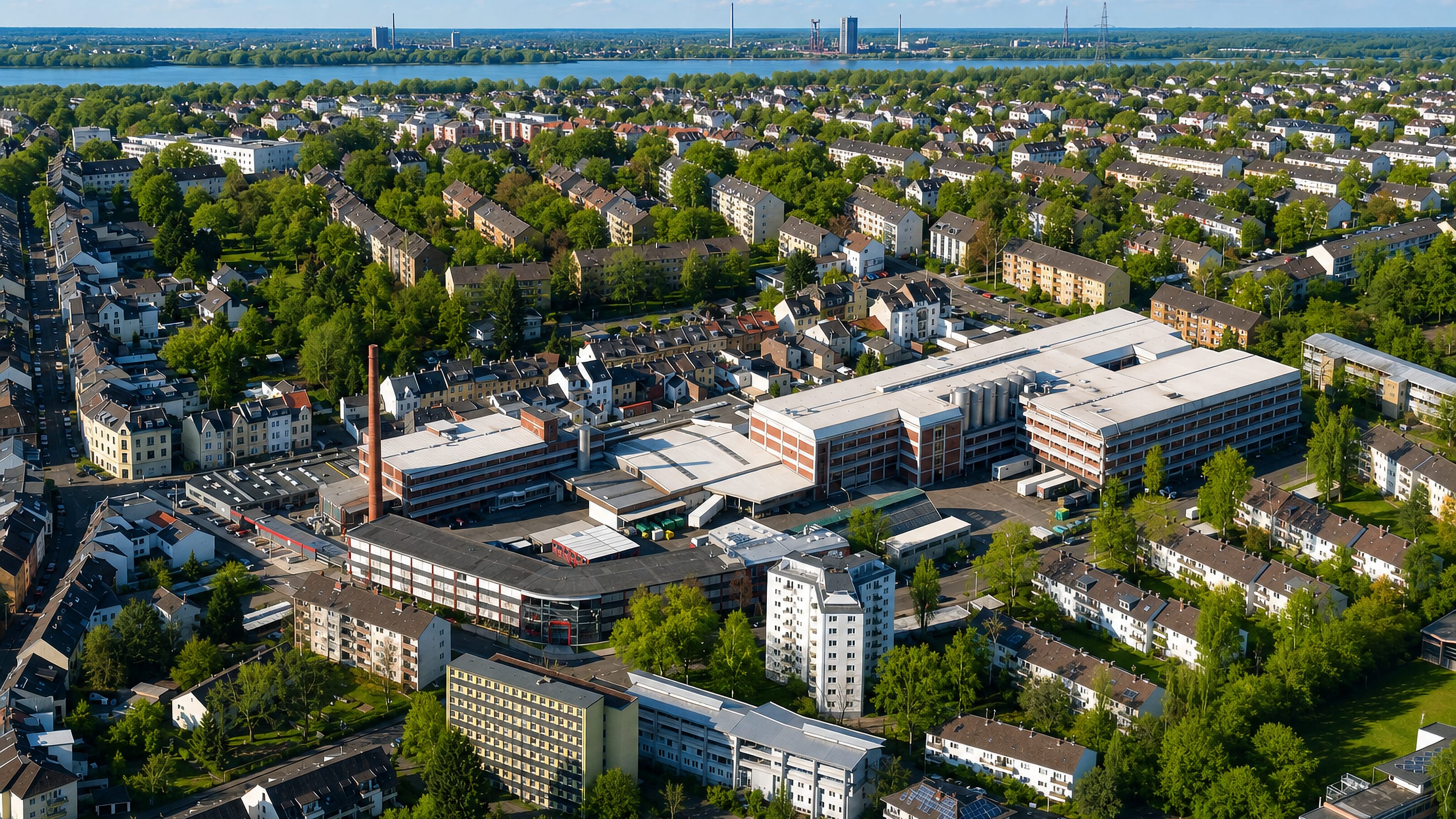 Aerial view over Kessenich's rooftops and works in Bonn, with the Rhine on the horizon