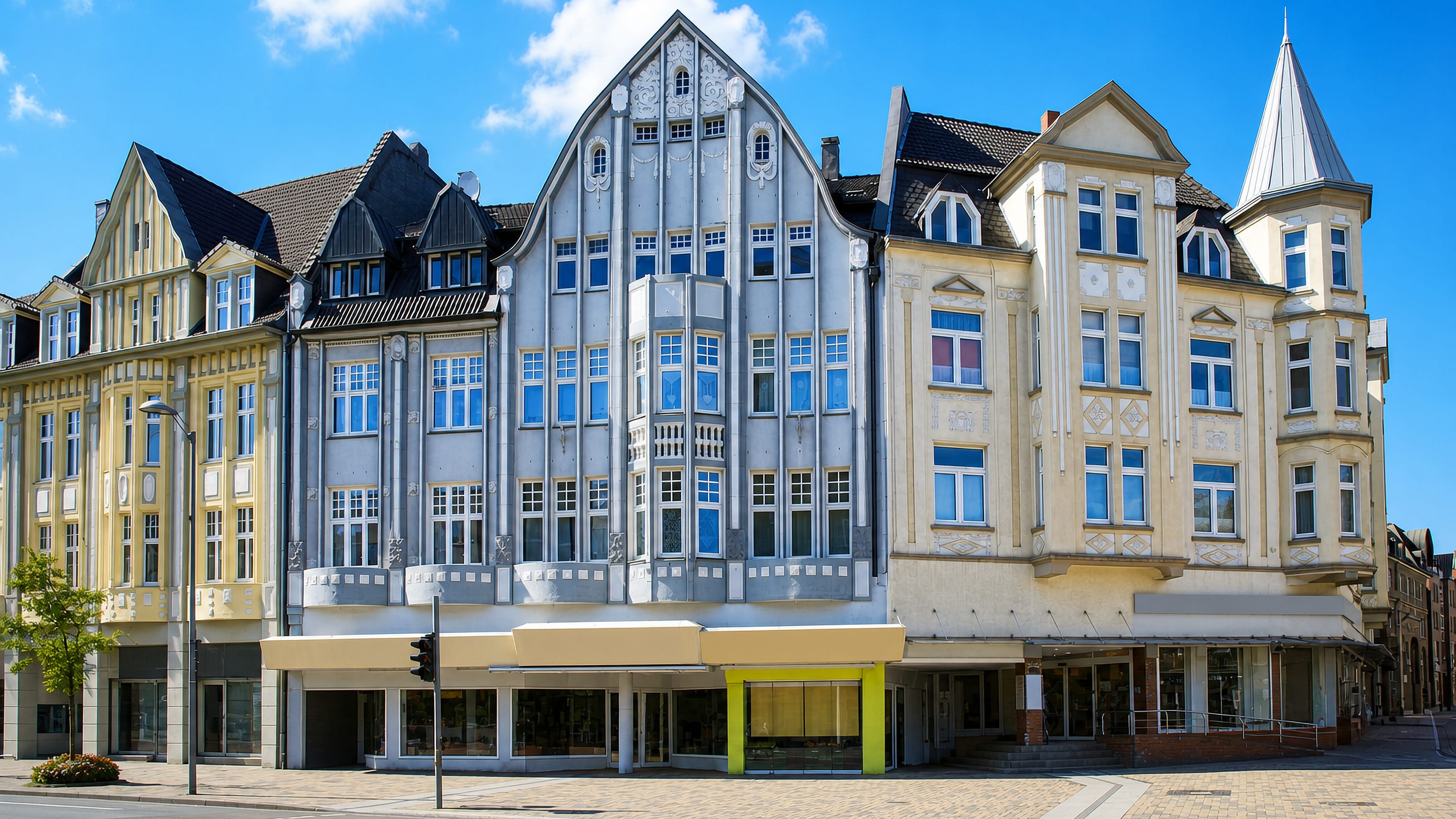 Restored Jugendstil and Gründerzeit facades lining a quiet shopping street in central Bottrop, Germany.