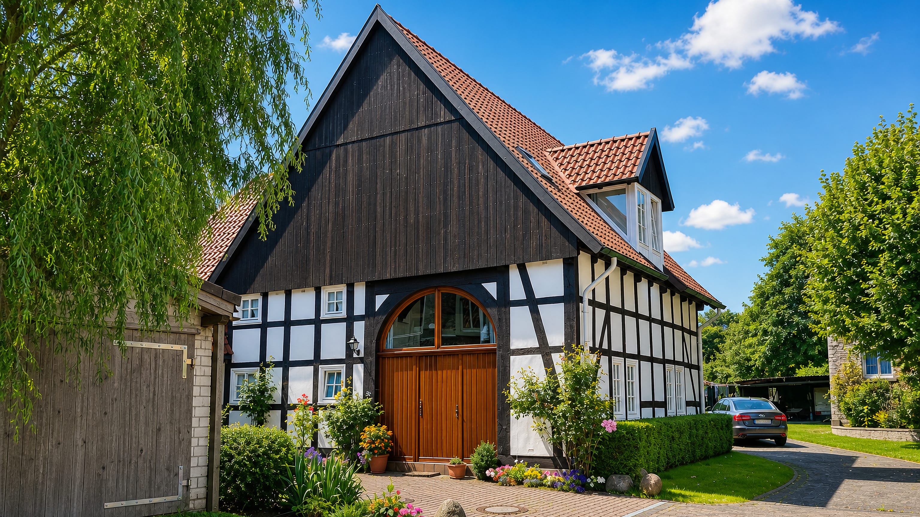 Half-timbered Westphalian farmhouse with arched barn doors and flower beds in Heidenoldendorf, Detmold.