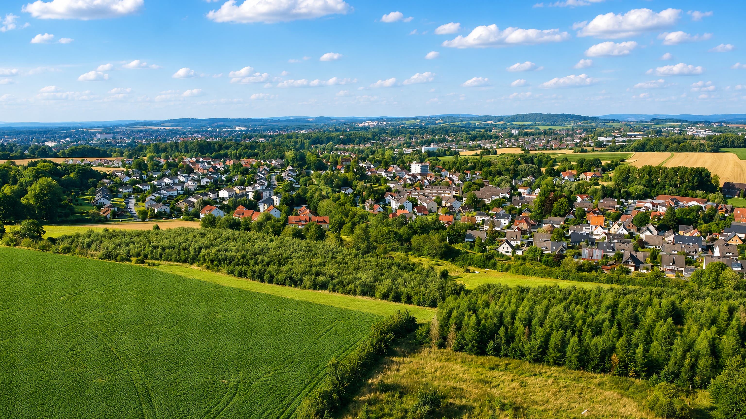 Aerial view of Spork's houses among fields and woodland on the edge of Detmold, North Rhine-Westphalia.