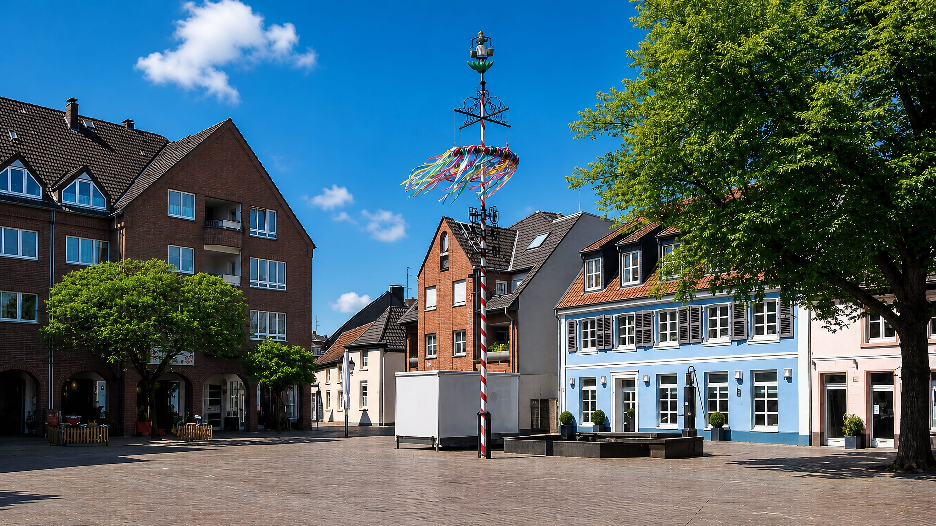 Sunlit market square in Dinslaken, Germany, with a ribboned maypole, brick gabled houses and a pale blue townhouse.
