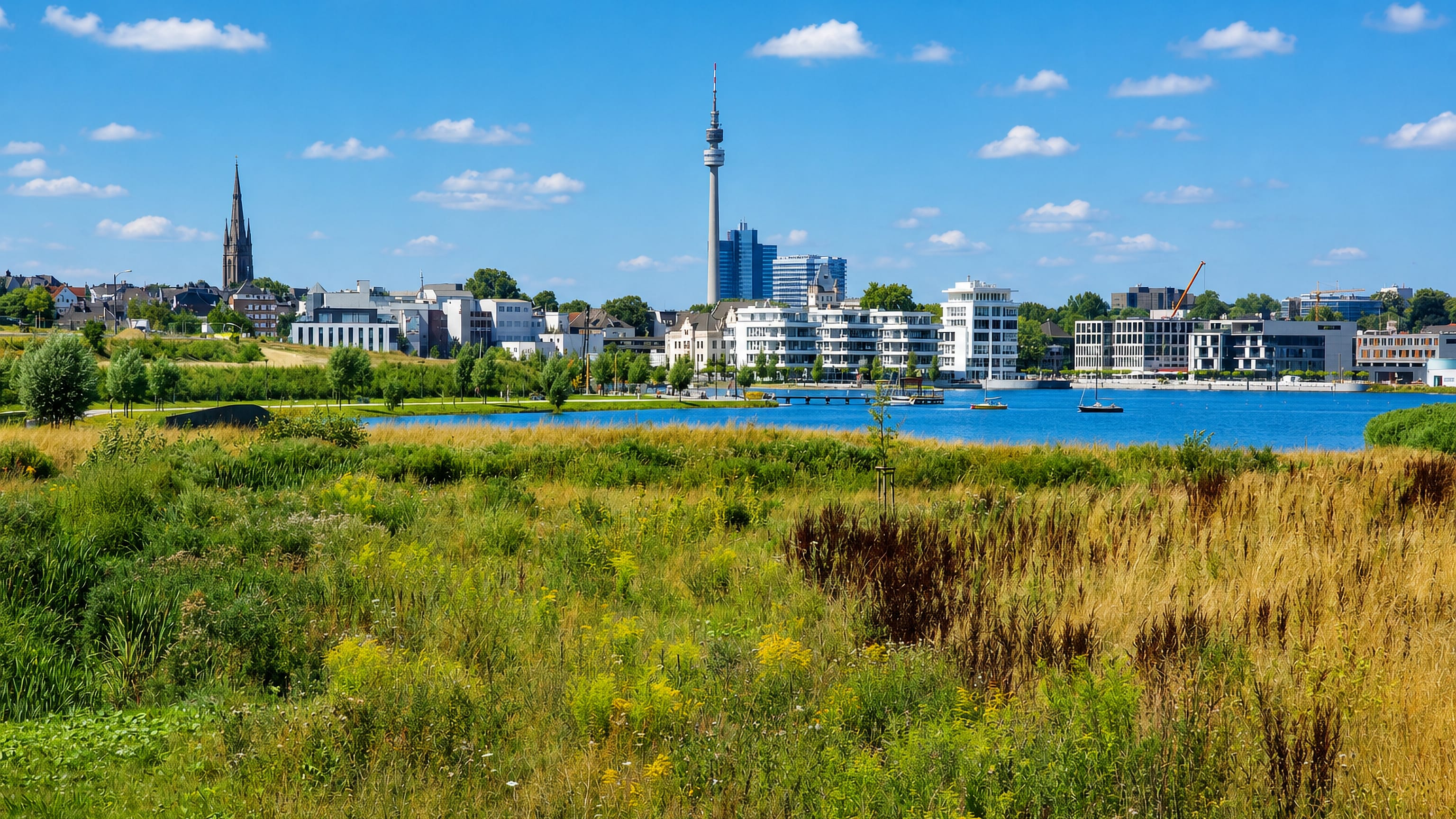 Phoenix See lakefront apartments in Dortmund with the Florianturm tower rising behind a summer meadow.