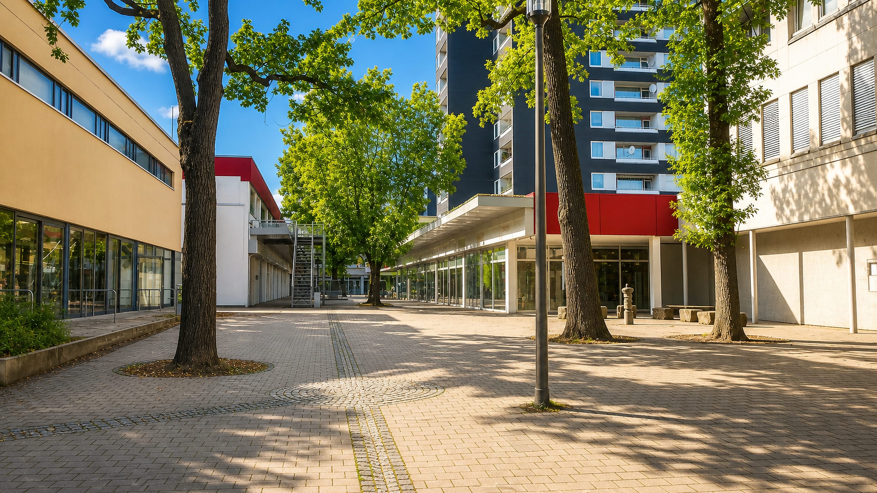 Sunlit paved pedestrian precinct beneath a red-and-grey tower block in Scharnhorst, Dortmund.
