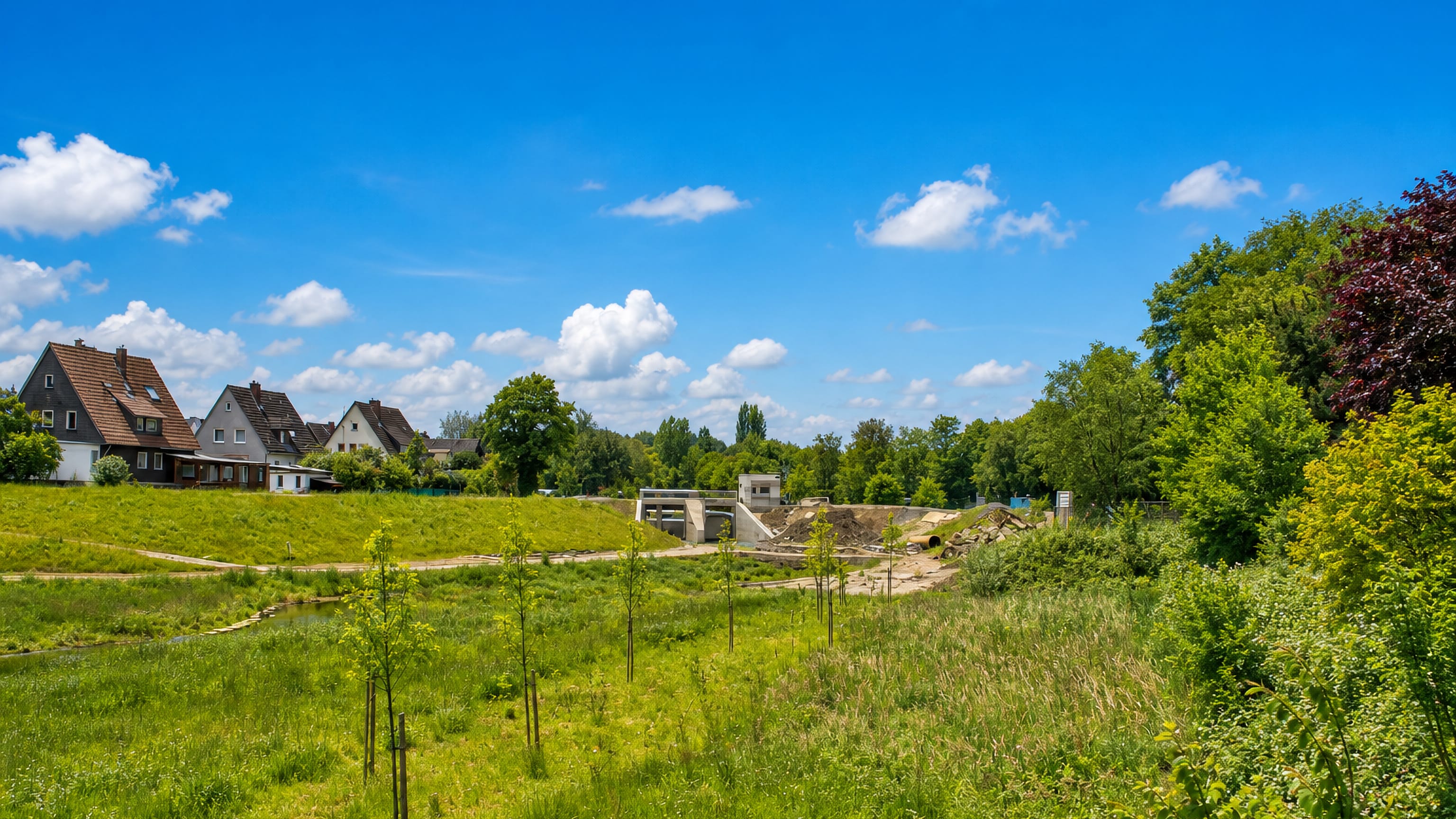 Restored stream and green meadow beside houses in Schüren, Dortmund.