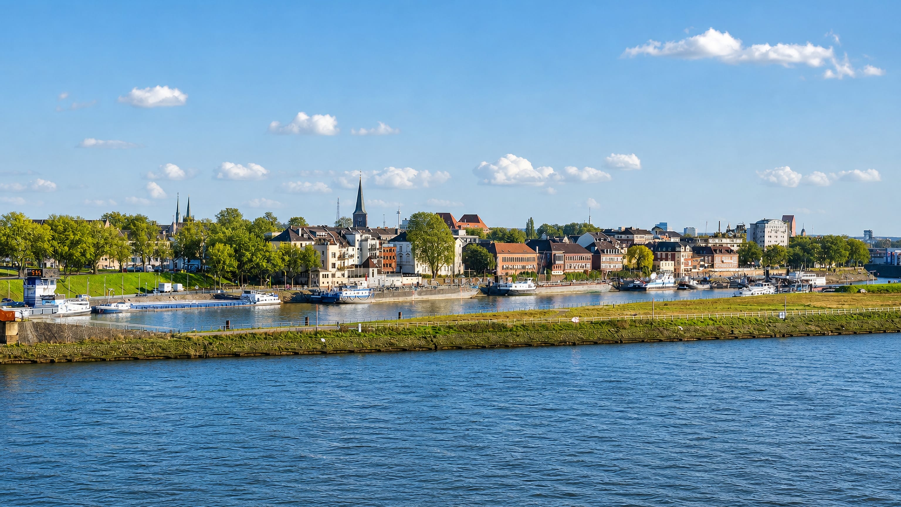 Duisburg's Rhine waterfront with moored barges, riverside houses and a church spire above the old town