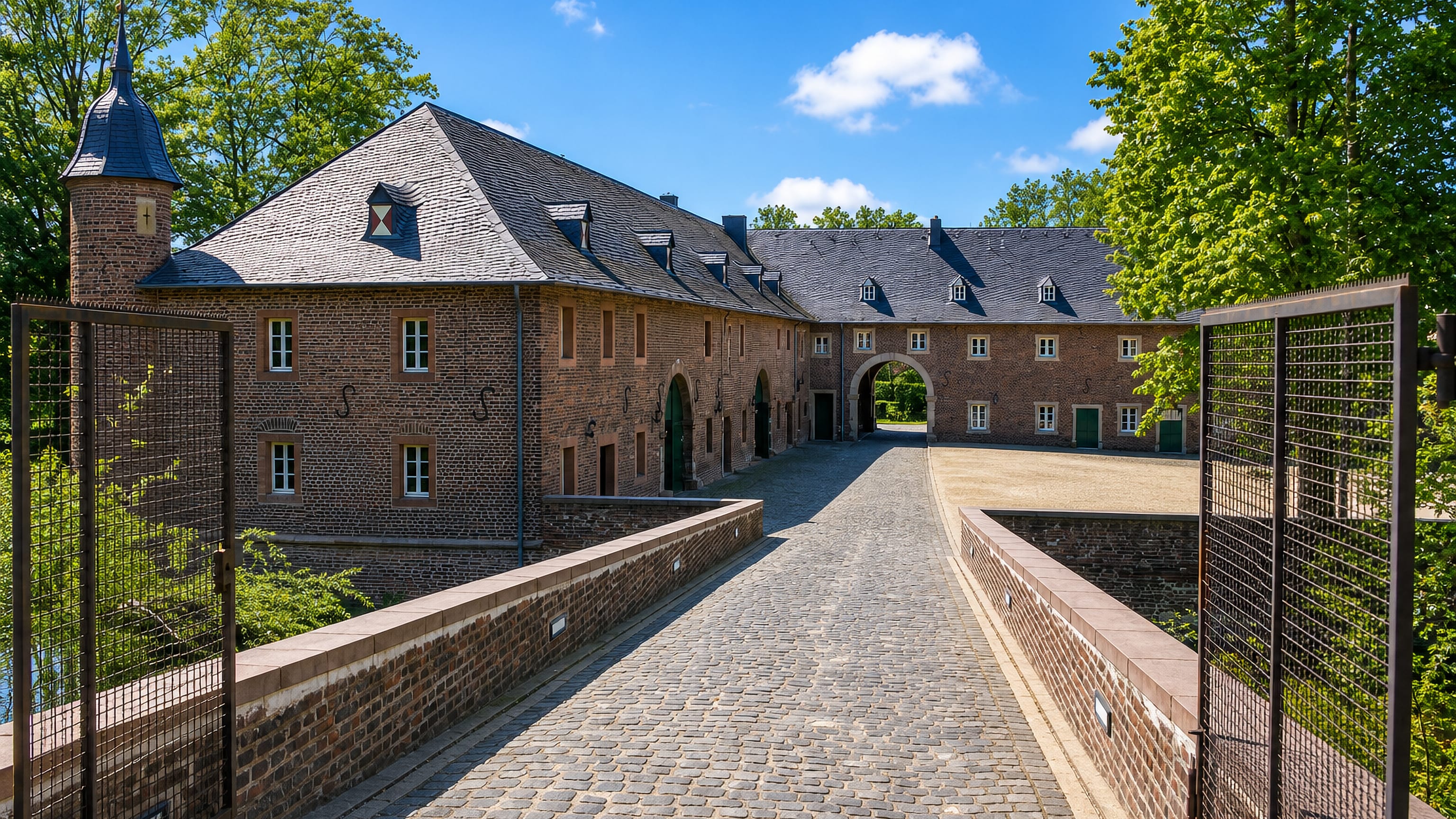 Cobbled bridge leading to the brick gatehouse and courtyard of a moated castle in Düren, Germany.