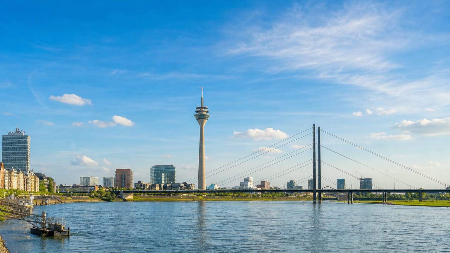 The Rheinturm tower and the Rheinkniebrücke cable bridge over the Rhine on the Düsseldorf skyline