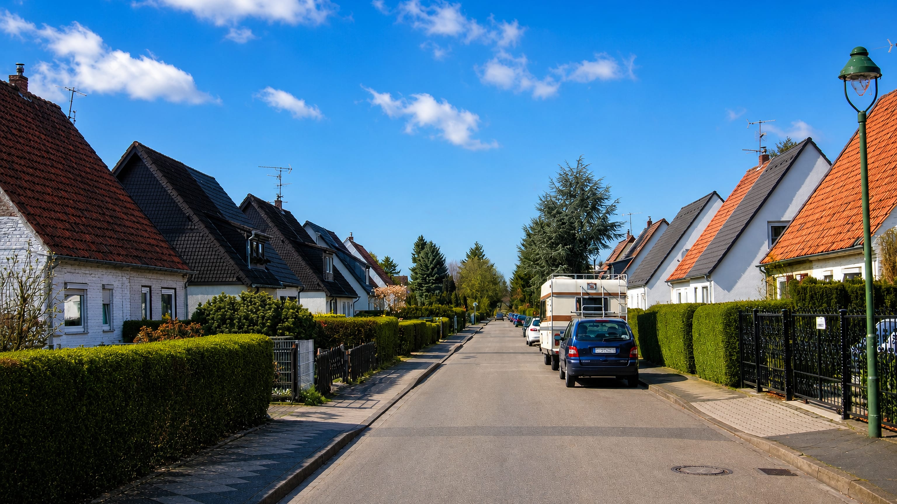 Quiet residential street of gabled houses and clipped hedges in Vennhausen, Düsseldorf.