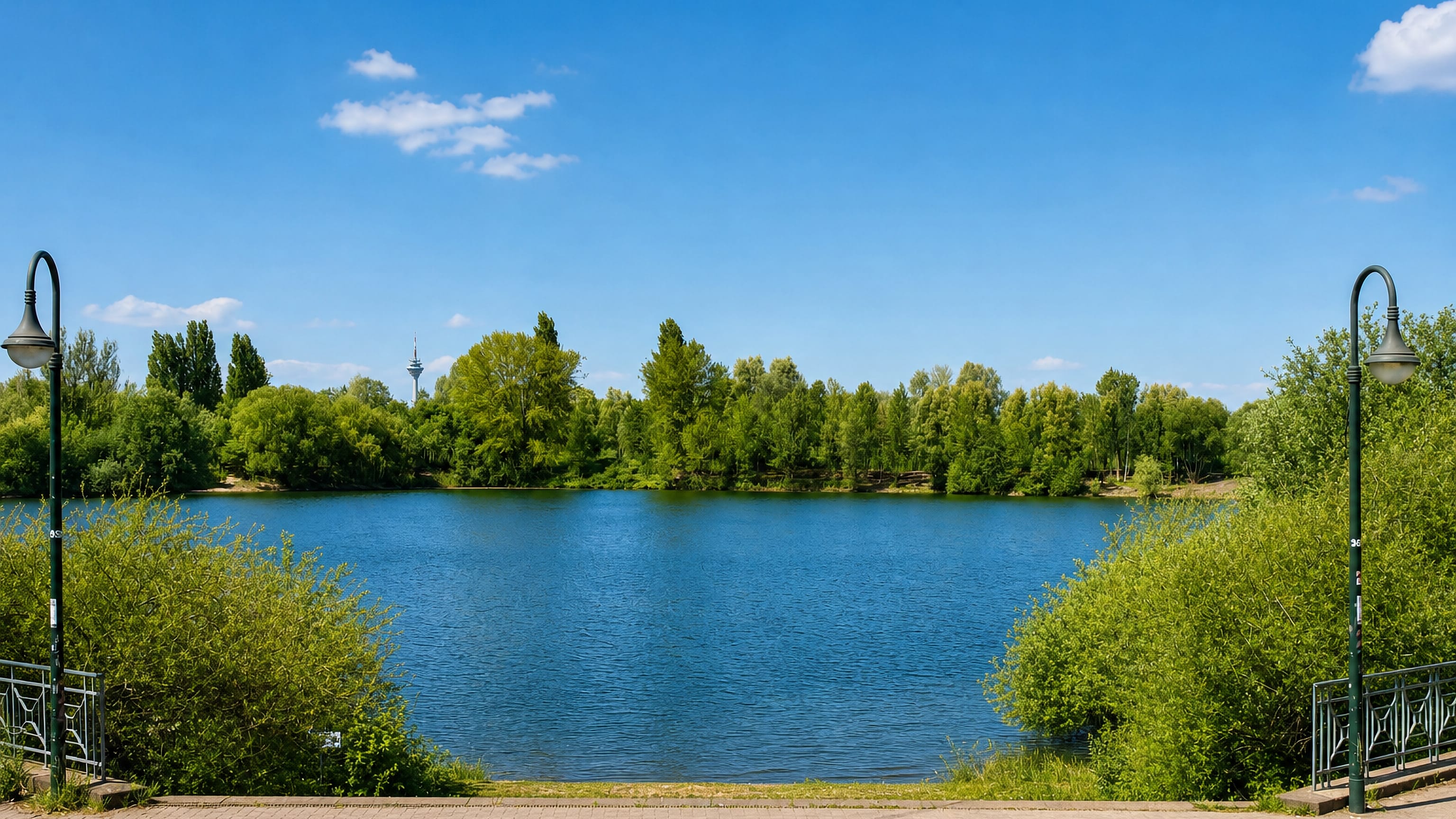 A tree-fringed lake in Wersten, southern Düsseldorf, with the Rheinturm on the distant skyline.