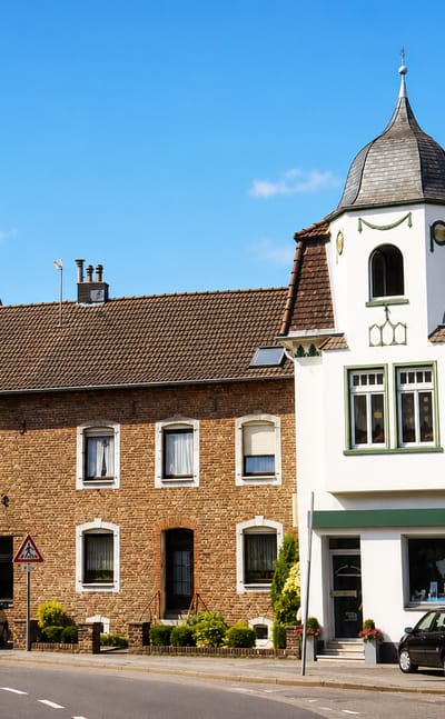 Brick houses and a turreted corner building line the main street of Durwiss near Eschweiler