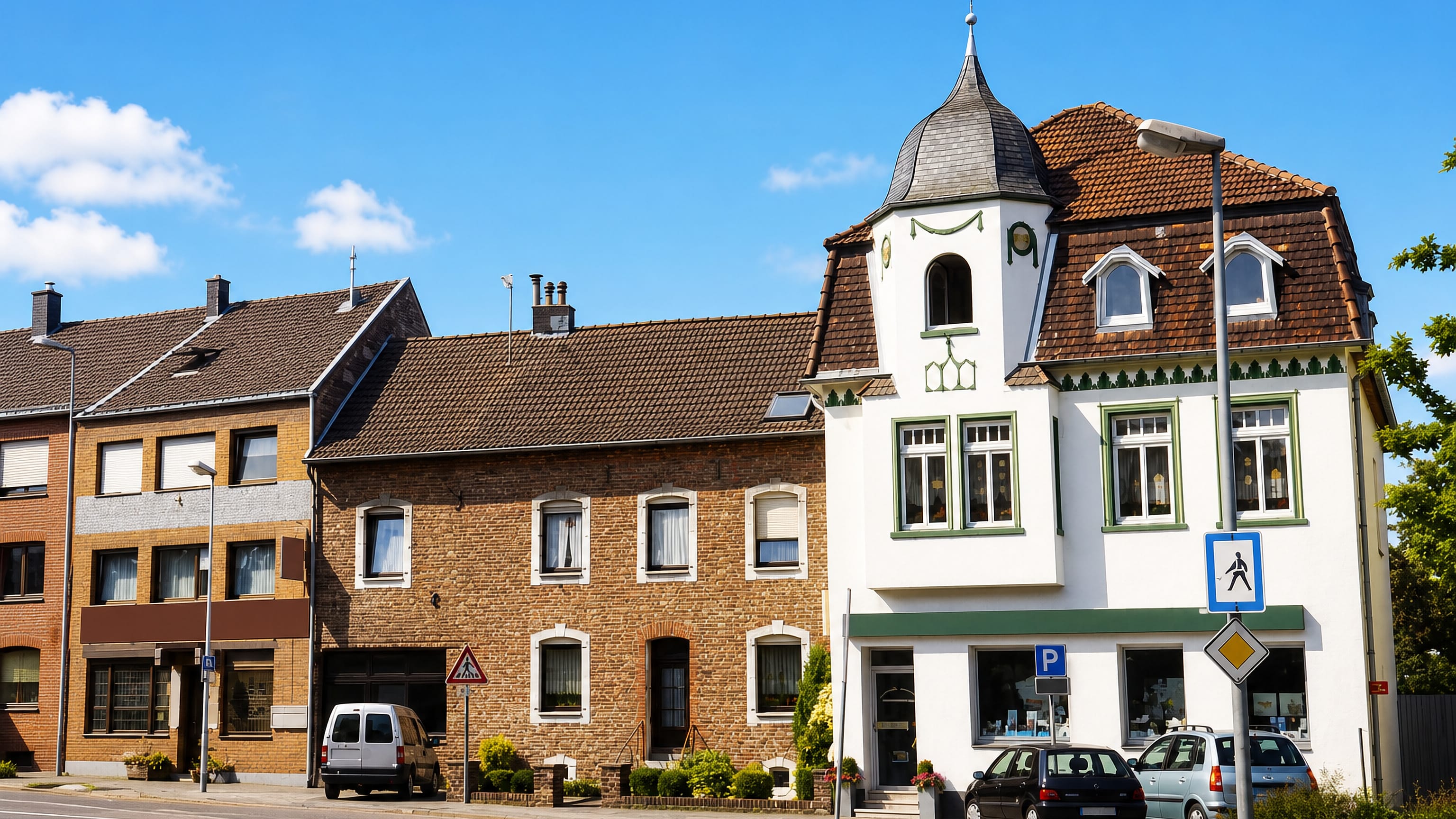 Brick houses and a turreted corner building line the main street of Durwiss near Eschweiler