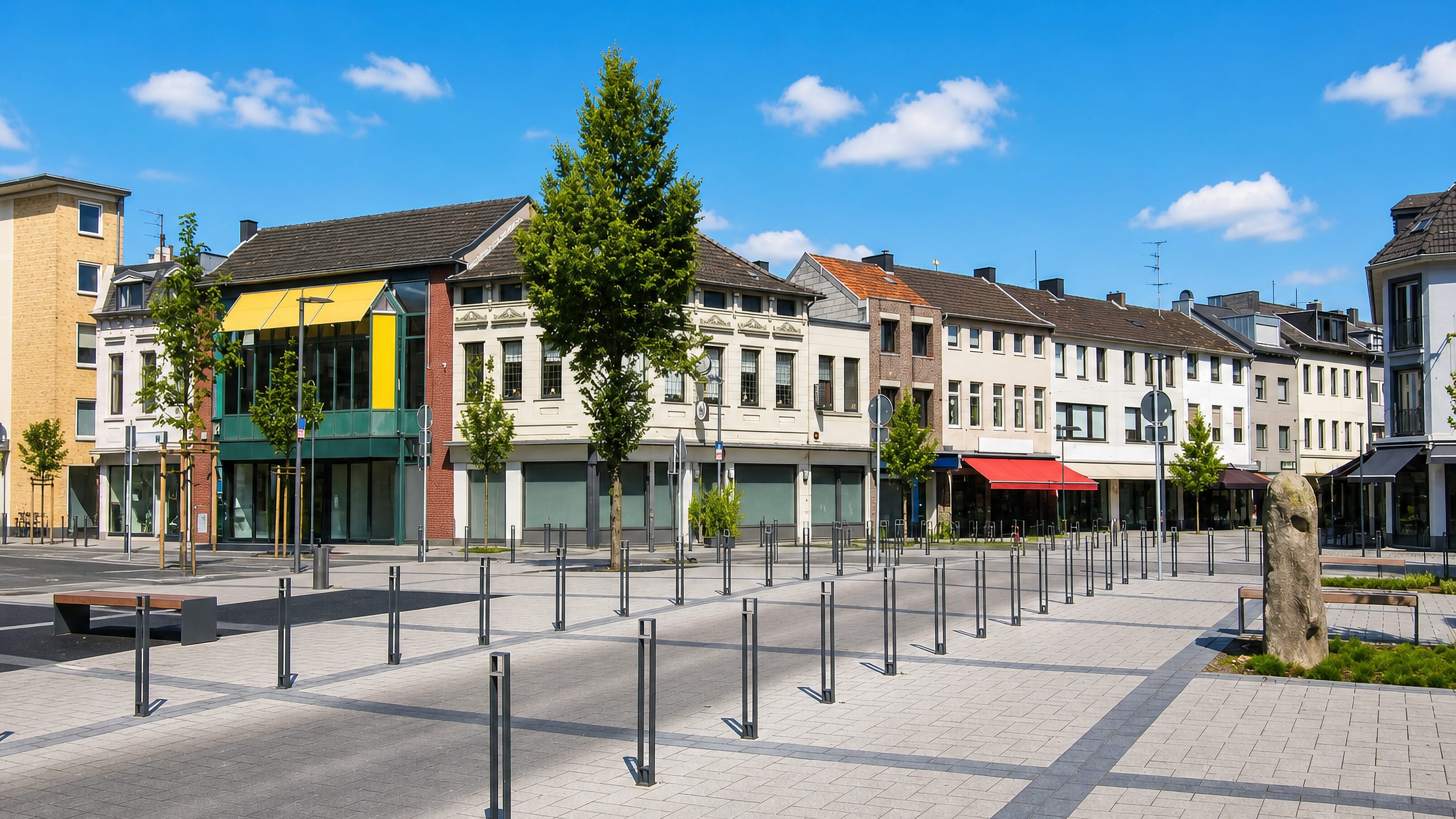 Eschweiler's paved market square in North Rhine-Westphalia, lined with gabled shops and townhouses under blue sky.