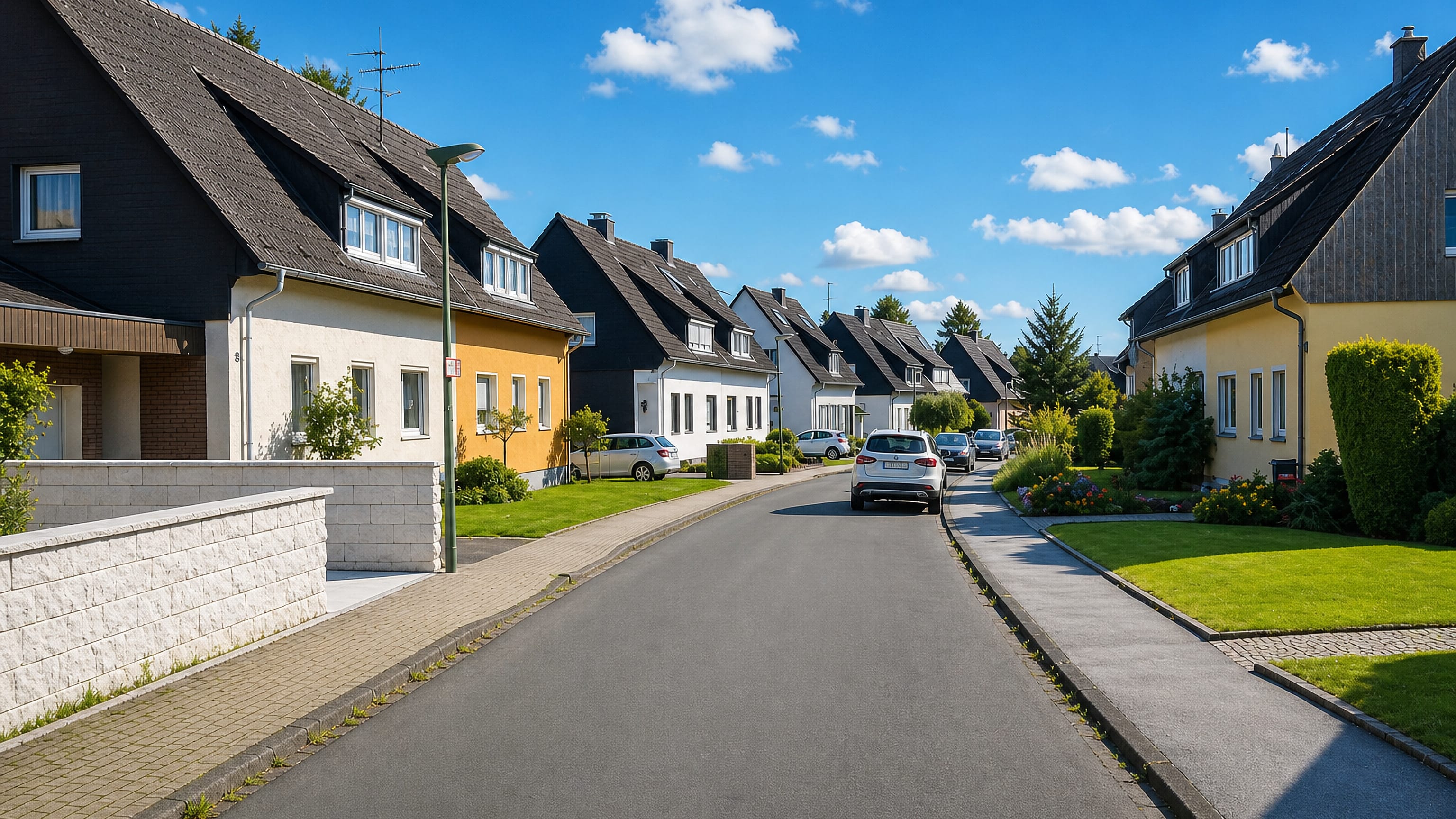 Sunlit residential street of gabled family houses in Bedingrade, a suburban borough of western Essen.