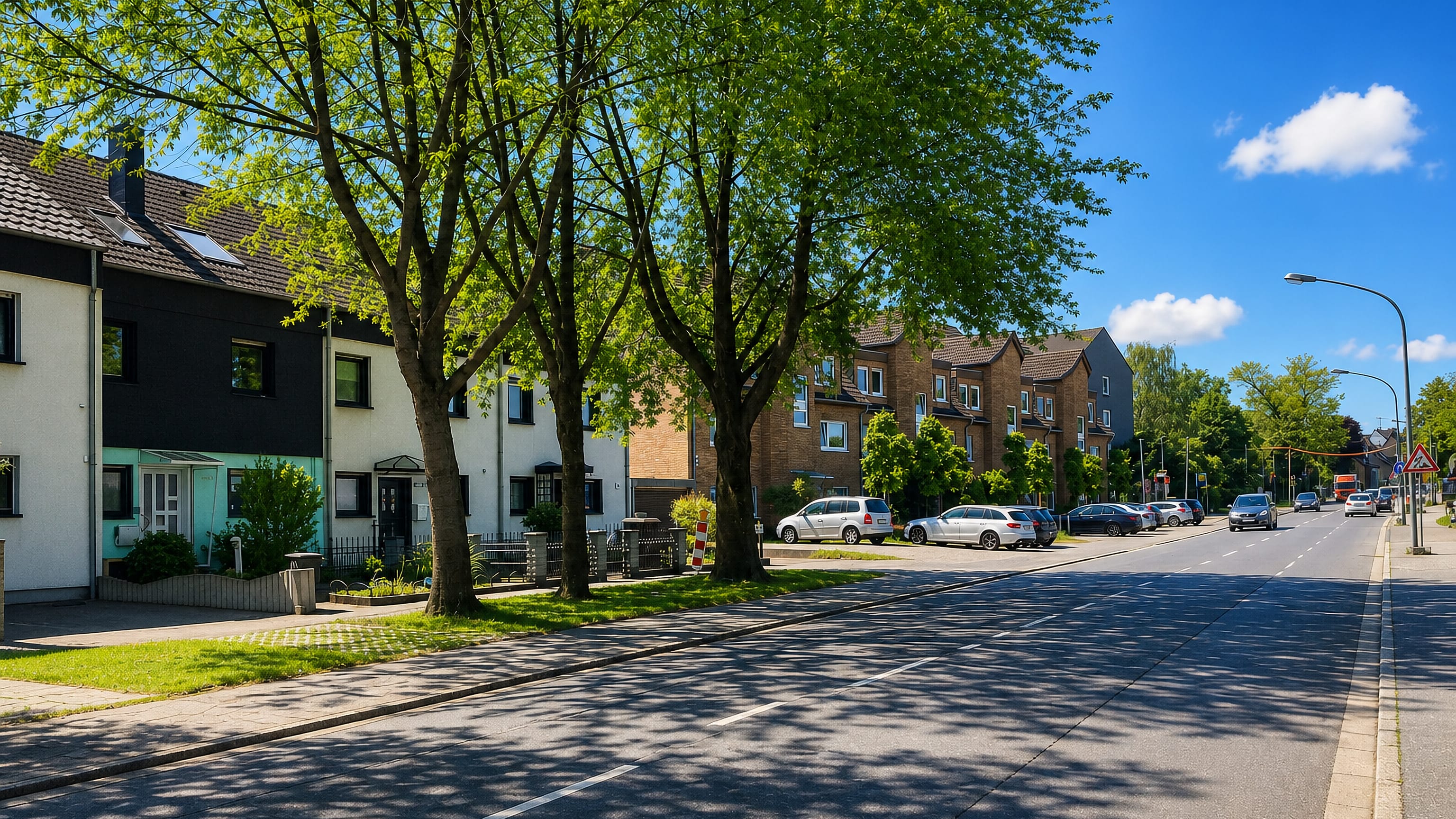 Tree-lined residential street of terraced houses and parked cars in Bochold, Essen, under a clear blue sky.
