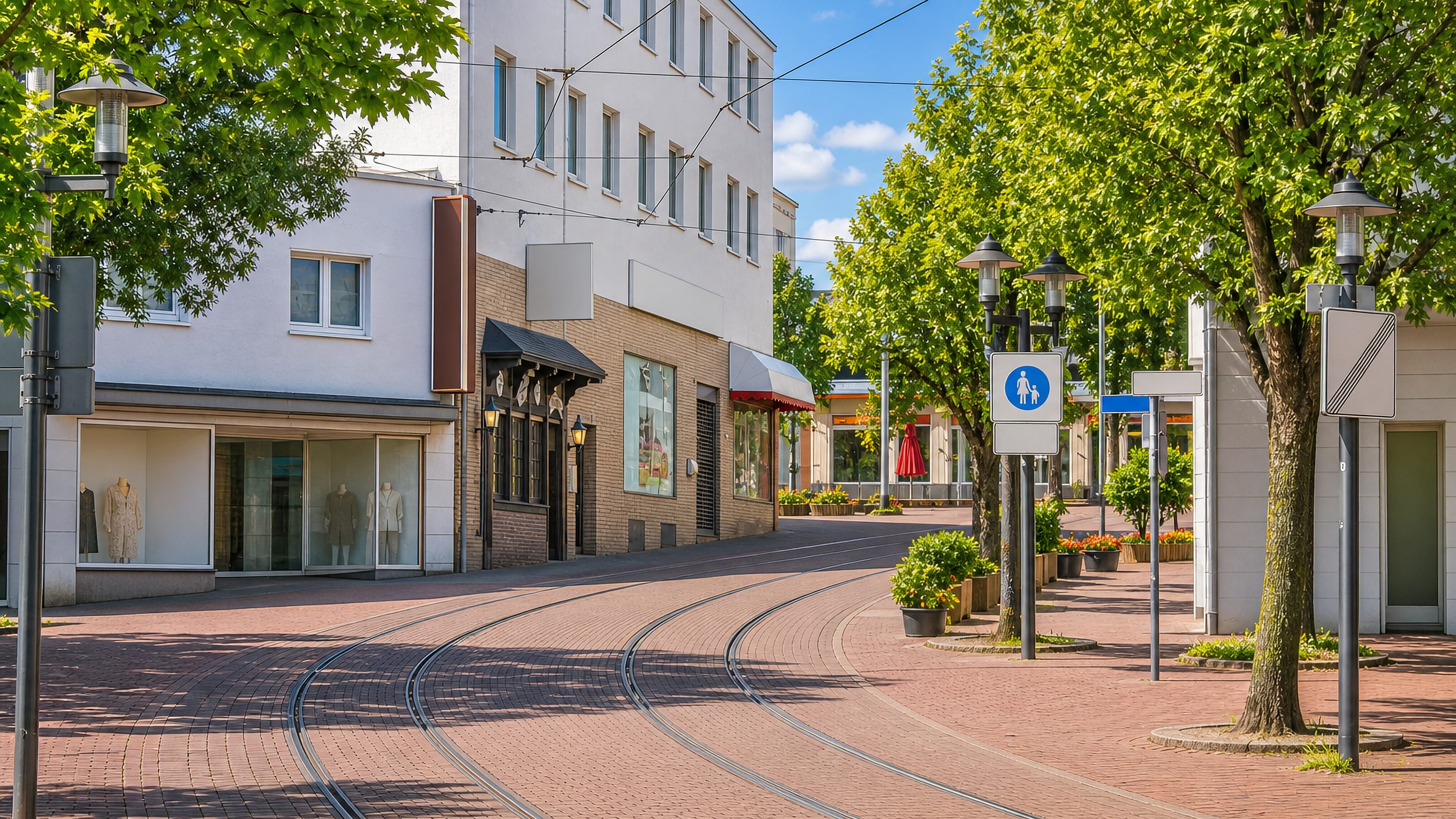Pedestrianised shopping street with tram tracks and leafy trees in Borbeck-Mitte, Essen.