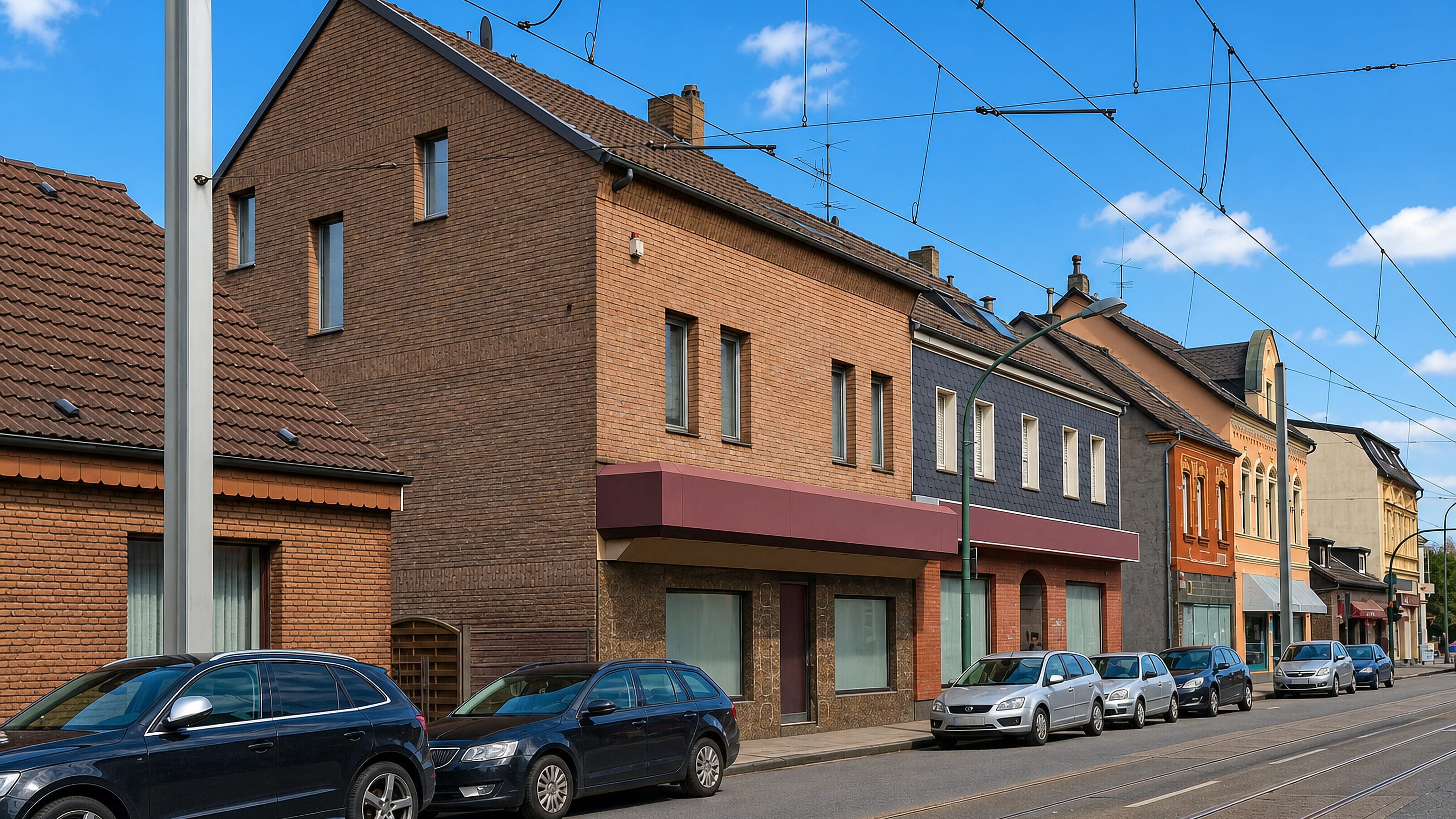 Brick houses and shuttered shopfronts along a tram-lined street in Frintrop, Essen.