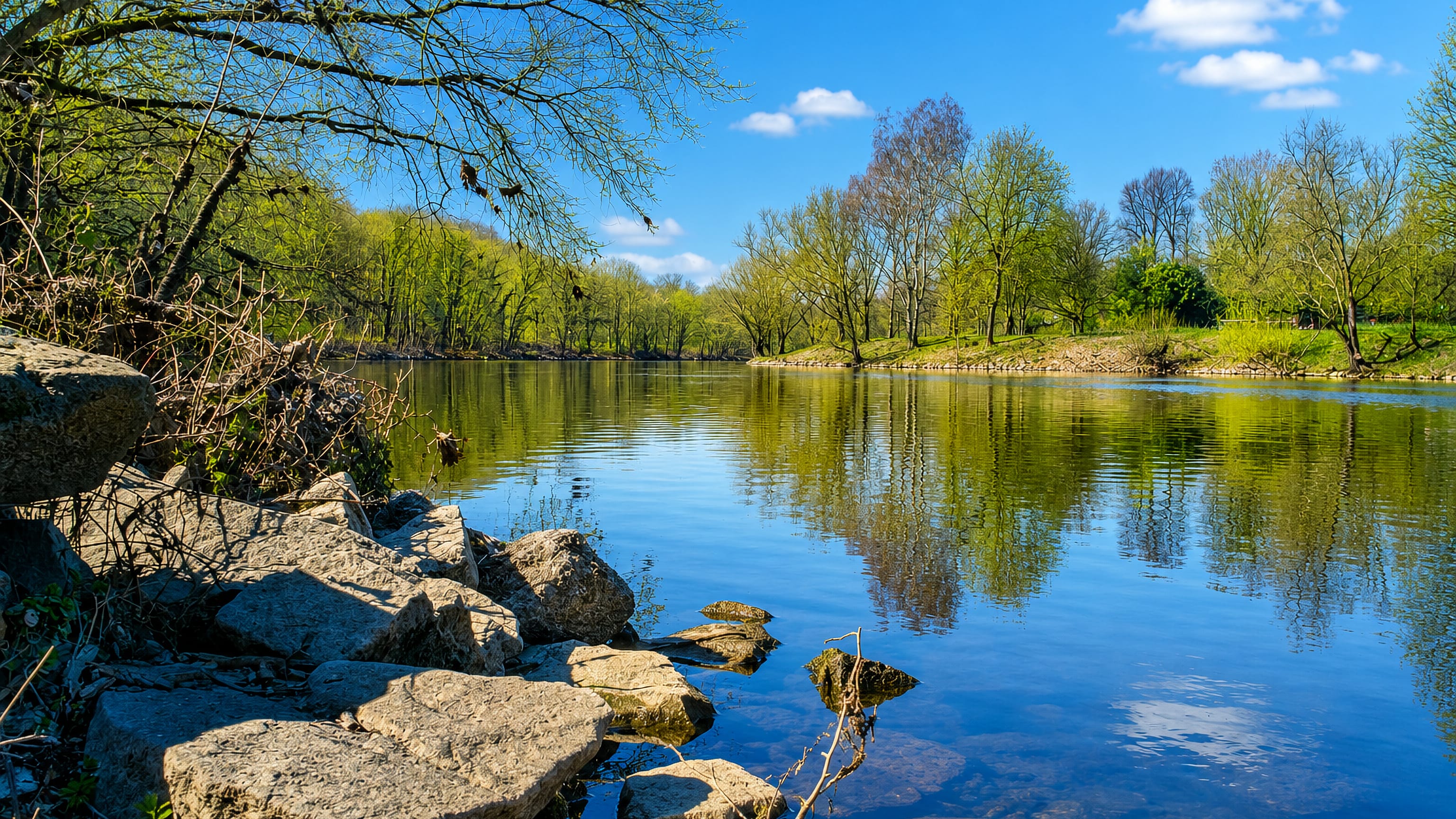 Rocky wooded bank of the Ruhr beside Heidhausen in southern Essen, with spring trees reflected in still water