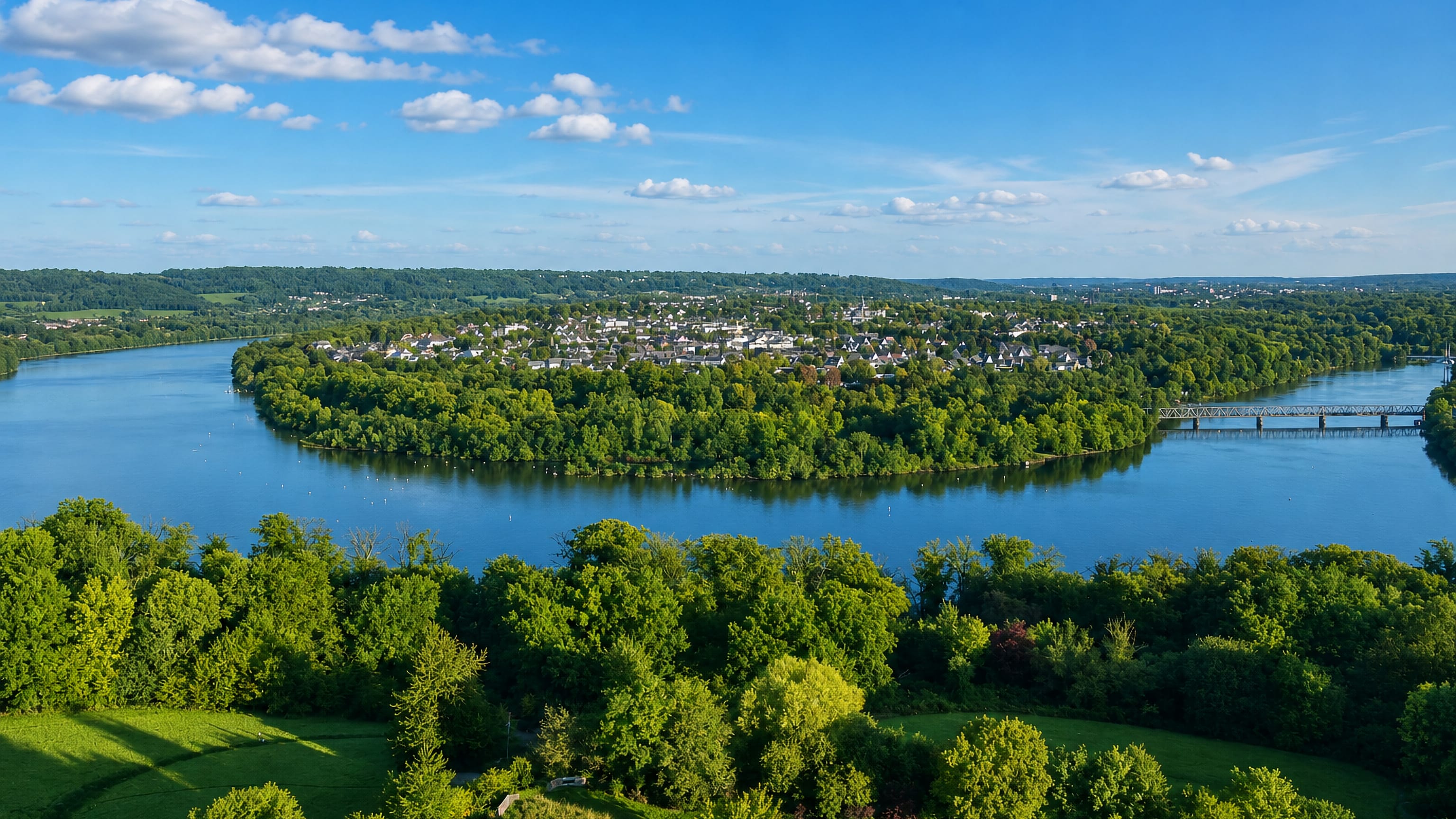 Heisingen's houses on a wooded Ruhr peninsula in Essen, ringed by the Baldeneysee and a rail bridge.